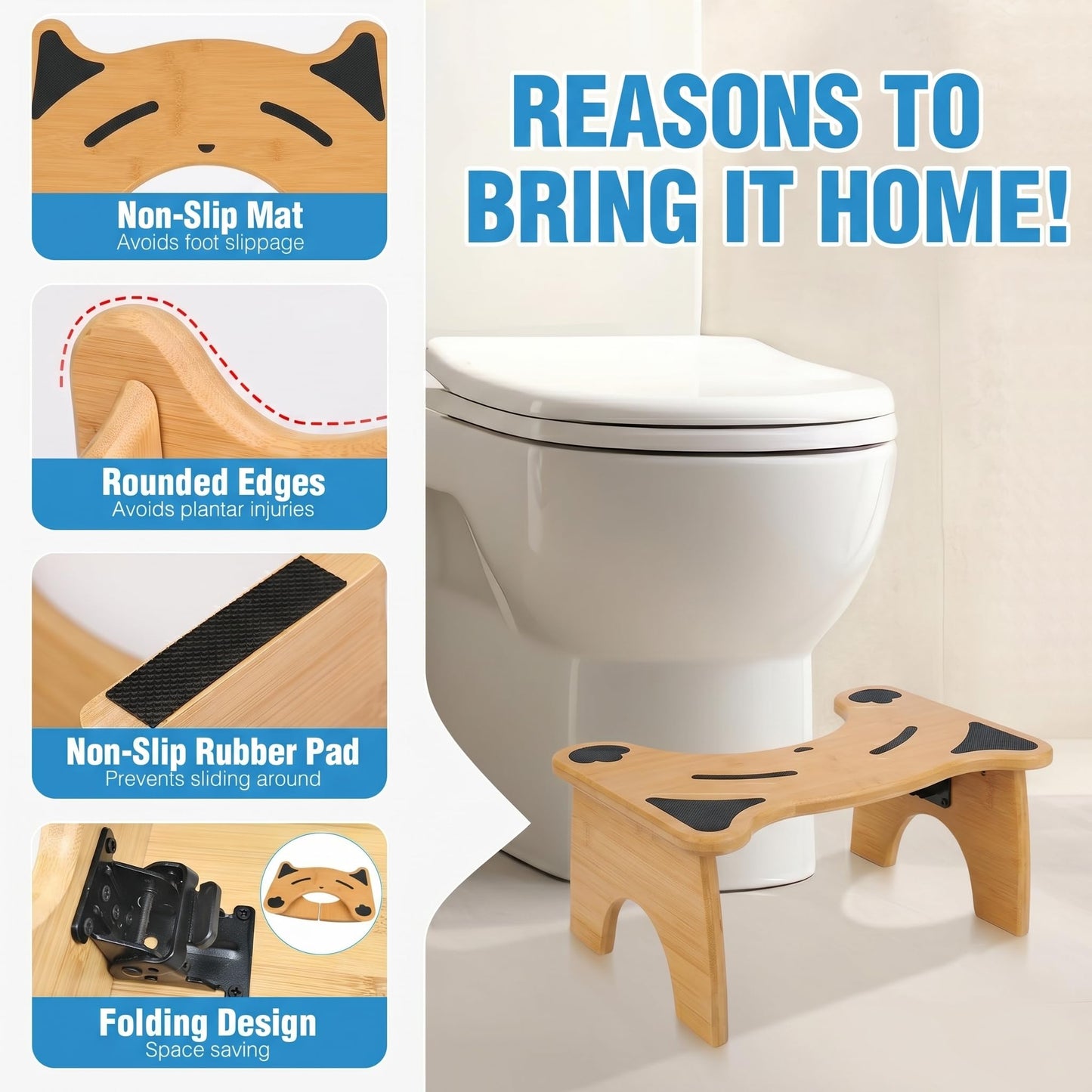 Bamboo Foldable Toilet Stool, 7 Inch Poop Stool for Adults, Non-Slip Squatting Bathroom Stool, Space Saving Potty Stool for Standard Toilets