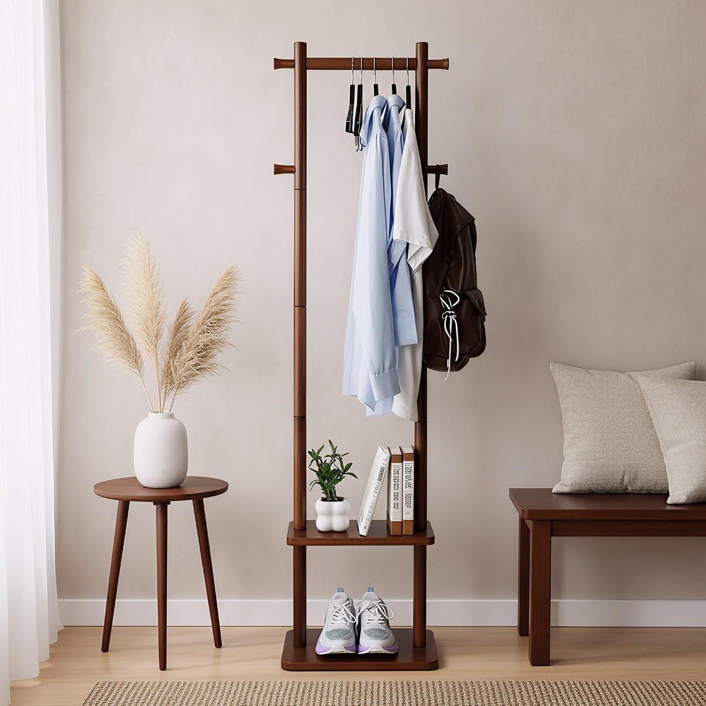 GZQXHOME Coat Rack,Wooden Coat Rack Freestanding,Standing Coat Racks Tree Clothes Hanger Stand with Stury Base for Entryway, Livingroom, Bedroom,Easy to Assemble(Brown)