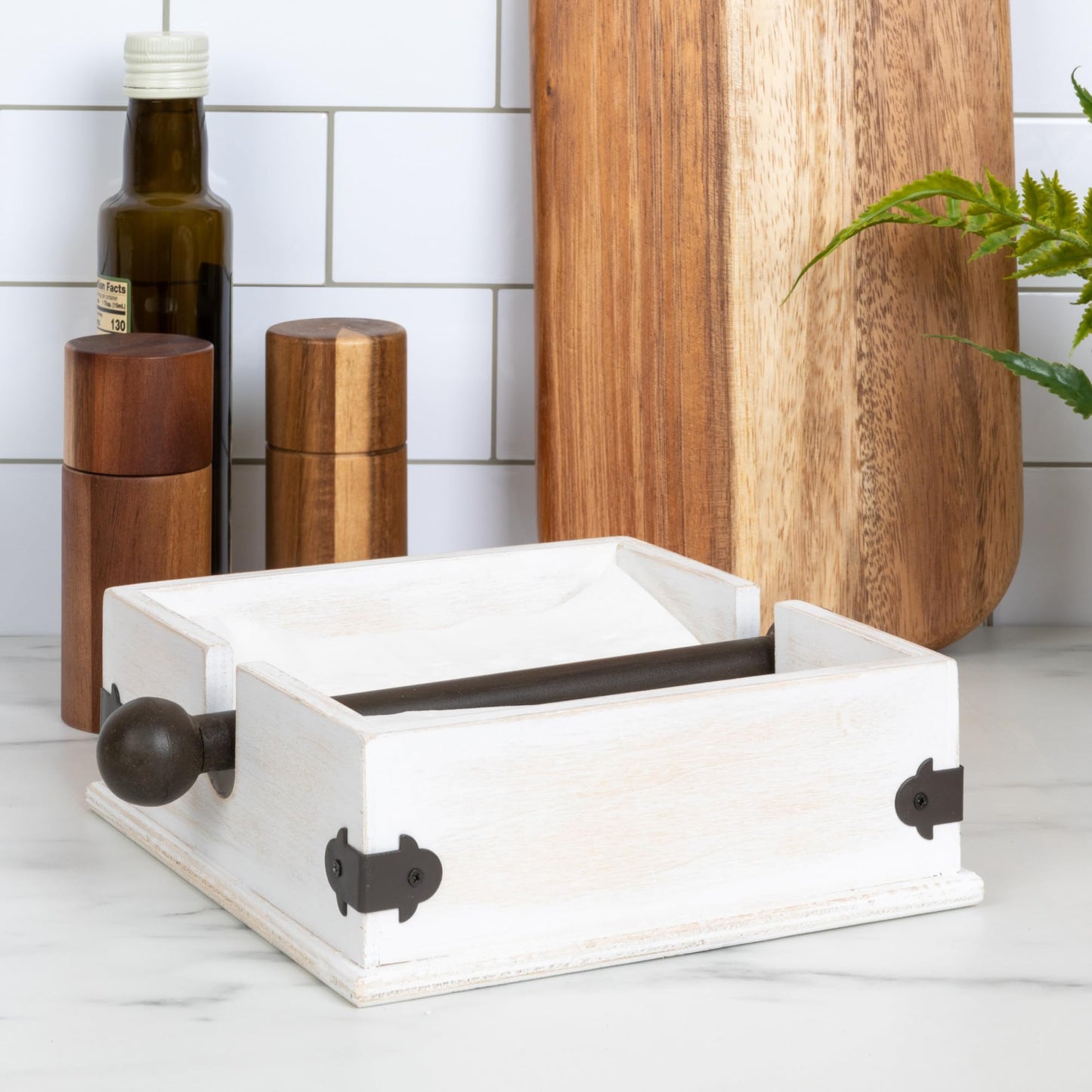 Farmhouse Square Wood and Metal Napkin Holder, Whitewashed Finish