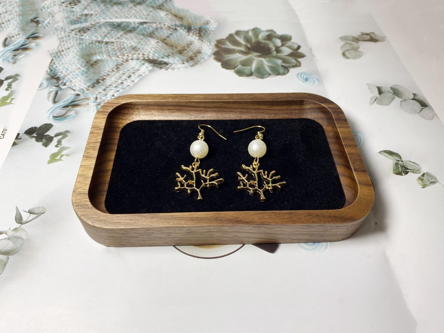 RANNYOZIO Wooden Jewelry Tray Small Trinket Dish with Velvet Surface Rings Earrings Dish Necklaces Bracelet Organizer Display Tray for Dresser Drawer Tabletop Birthday Gift(Rectangle)
