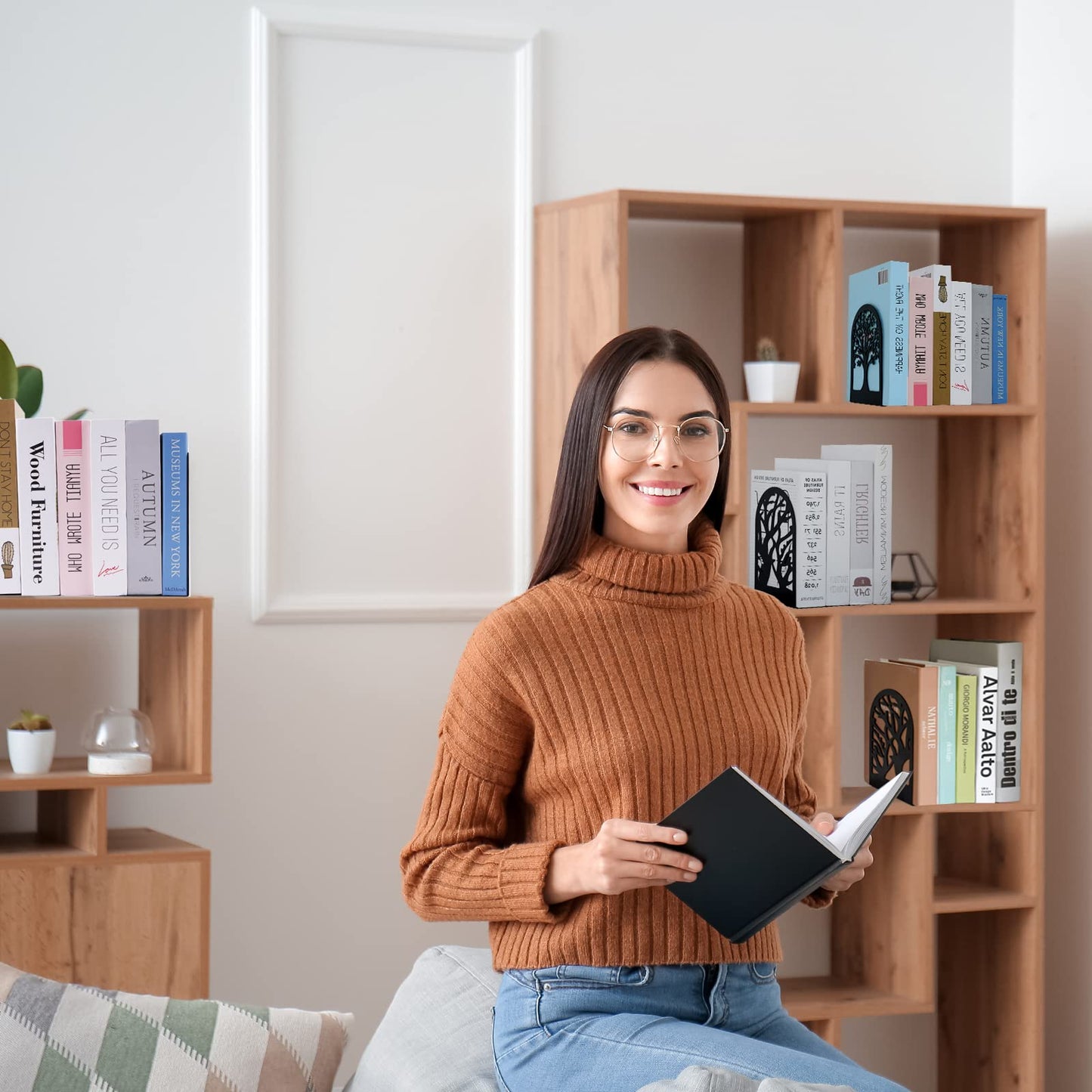 EOOUT Bookends for Shelves Decorative, 5 Pairs (10 Pack) of Tree Bookends Supports, Black Metal Book Stoppers for Heavy Books, Heavy Duty Book Ends for Home Office School.