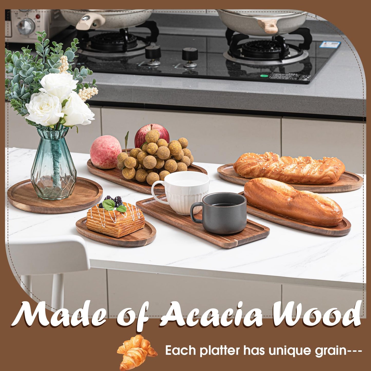 Rtteri Set of 6 Acacia Wood Serving Platters Wooden Plates Solid Wood Serving Tray Charcuterie Board for Kitchen Dinner Food Cheese Appetizer Dessert Snack BBQ Picnic Party Favors Housewarming Gifts
