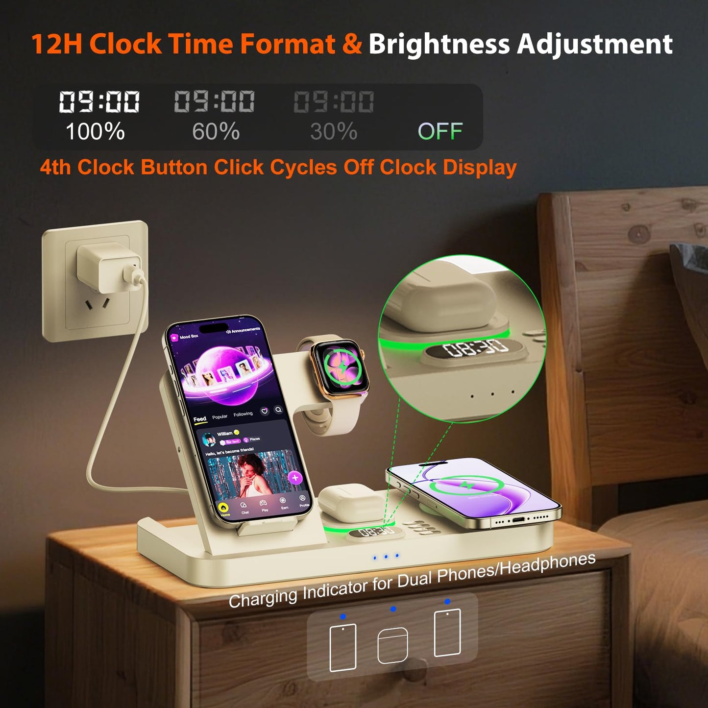 Dual Phone Magnetic Wireless Charging Station for Apple Devices/Apple Ecosystem,with Auto-Switch 7-Color Light & Clock, Compatible with iPhone 17/16/15, for iWatch 11/10/9 & AirPods Pro3（Cream