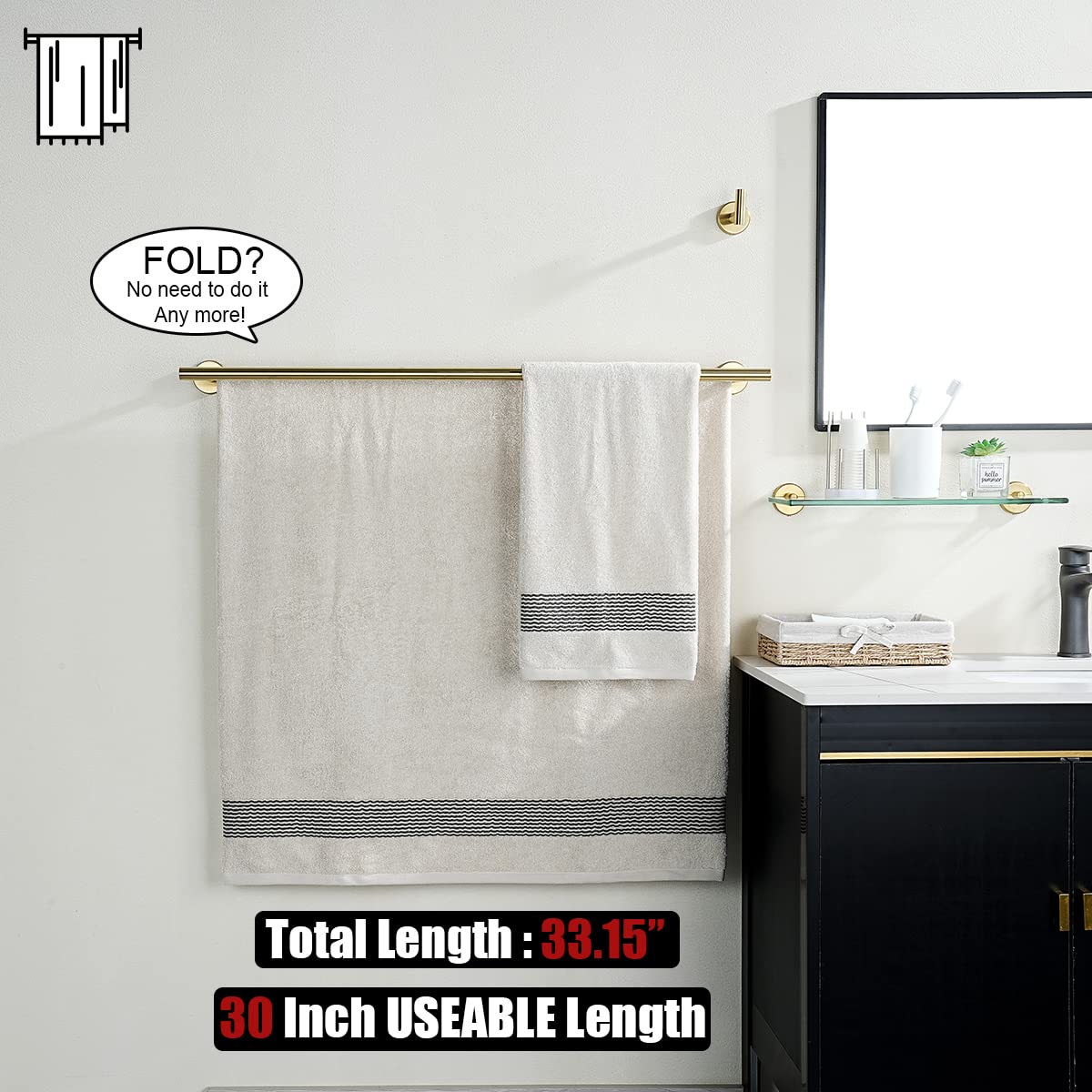 JQK Double Bath Towel Bar, Brushed Gold 33 Inch 304 Stainless Steel Thicken 0.8mm Towel Rack for Bathroom, Towel Holder Wall Mount, Useable Length 30 Inch, TB100L30-BG
