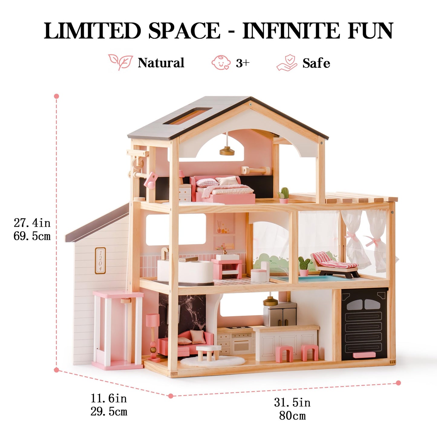 ROBOTIME Wooden Dollhouse, Doll House with 29 Pieces Furniture Set - Pool and Elevator, Wooden Doll House for 4, 5, 6-Inch Dolls, 6 Rooms Pink Dollhouse Gift for Kids Girls Ages 3+ (Black)