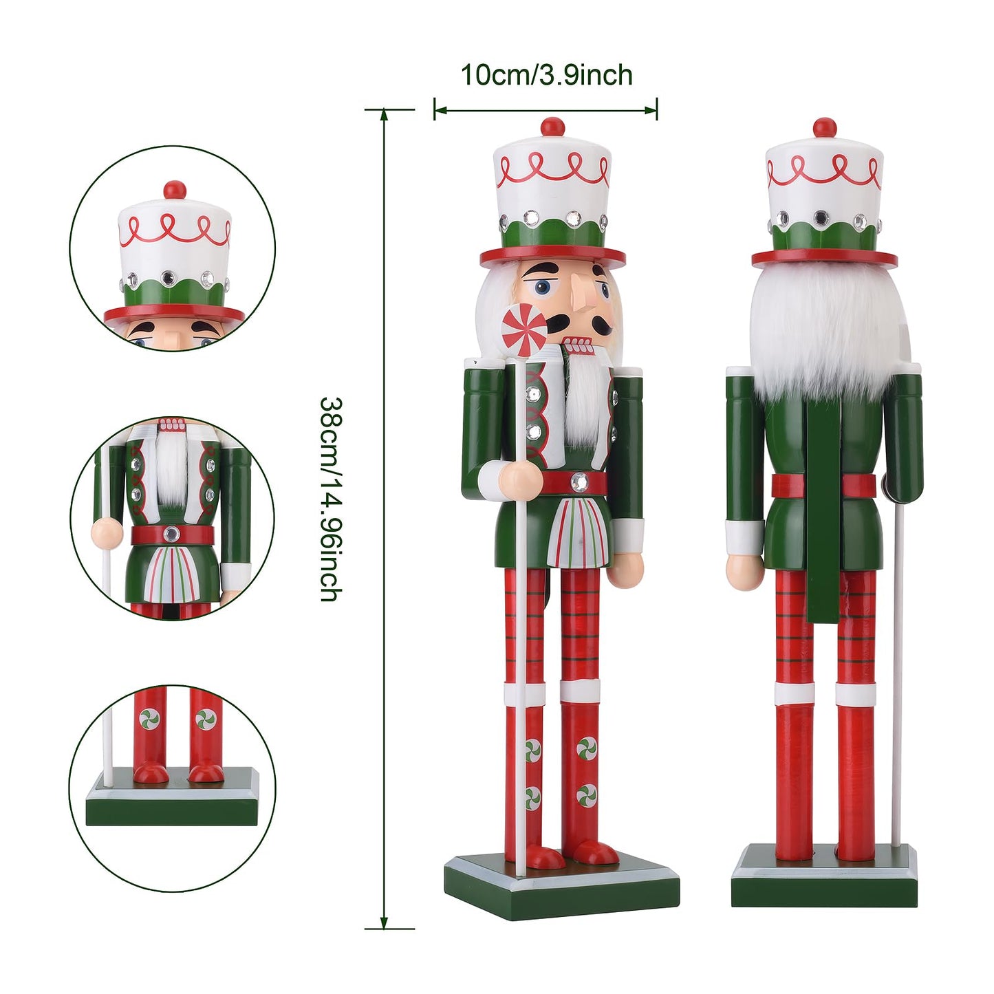 Wooden Christmas Soldier Nutcracker Decorations, 15 Inch Xmas Nutcracker Figure Christmas Decor for Home, Shelf, or Party Display (Green)