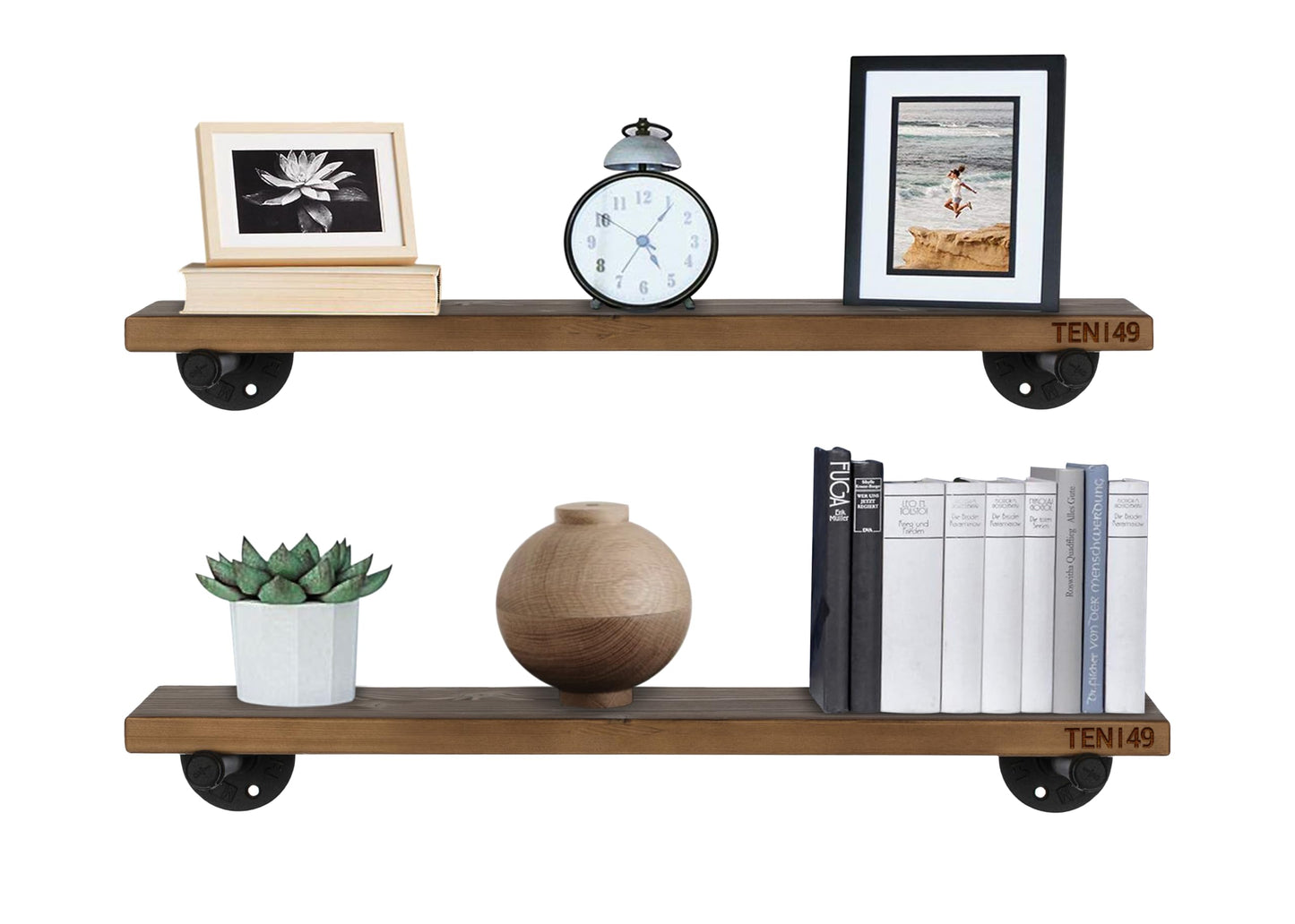 TEN49 Real Wood Rustic Floating Shelves Wall - 24 Wide Small Wooden Industrial Pipe Shelving - Farmhouse Pipe Wall Shelves Furniture Bathroom Decor Art Shelf Kitchen - Dark Espresso Color - Set of 2