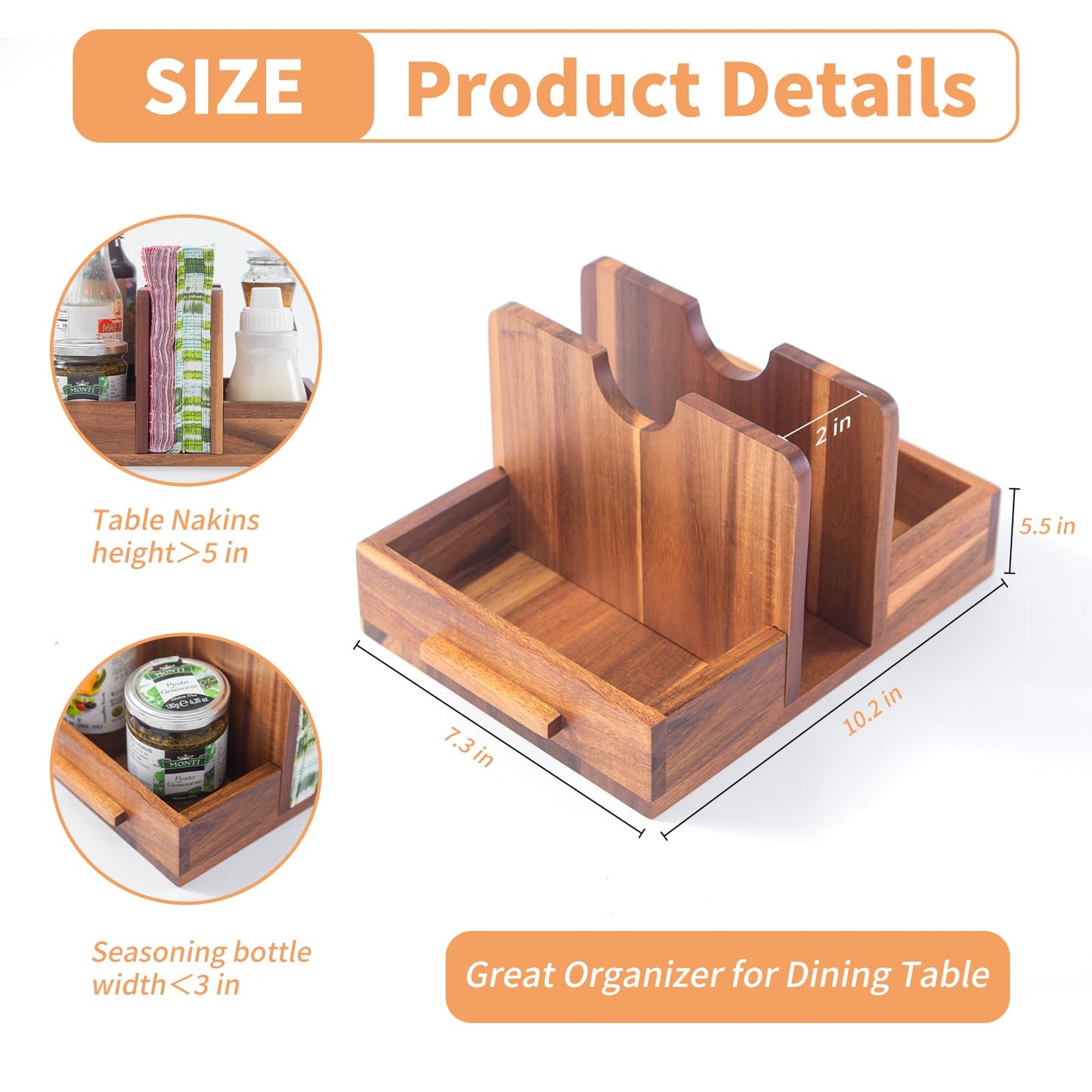 Napkin Holder for Table, Wooden Napkin Holder with Salt and Pepper Shakers Caddy, Rustic Napkin Holders for Kitchen Dining Room Table Decor, Standing Wood Napkin Dispenser for Indoor & Outdoor Use