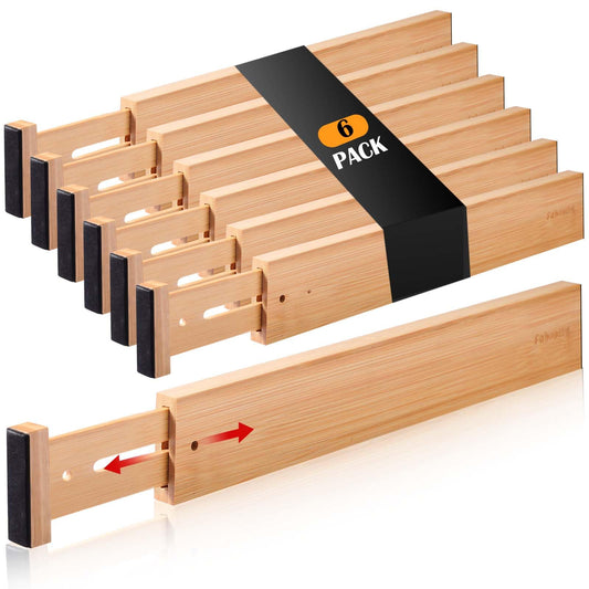 Fabsome Drawer Divider 6 Pack, Bamboo Kitchen Dividers Organizers Adjustable 17''-22'', Wooden Dresser Separators for Nursery Organization Clothes Socks Underwear Baby Clothing, with Soft Foam Ends