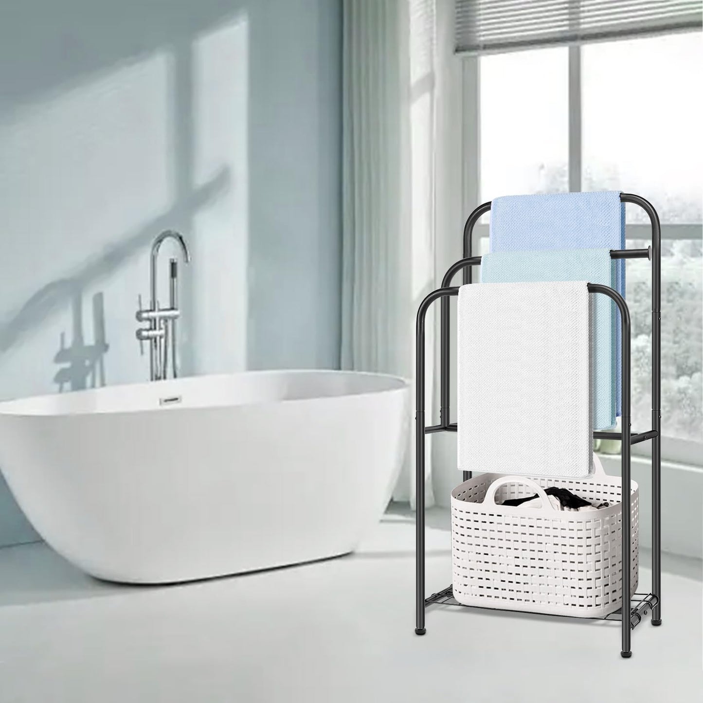 HarJue Towel Racks for Bathroom, 35" H Standing Towel Holder 3 Tier Metal Pool Towel Hanger Outdoor Floor with Storage Shelves for Blanket Bath Towel Drying (Matte Black)