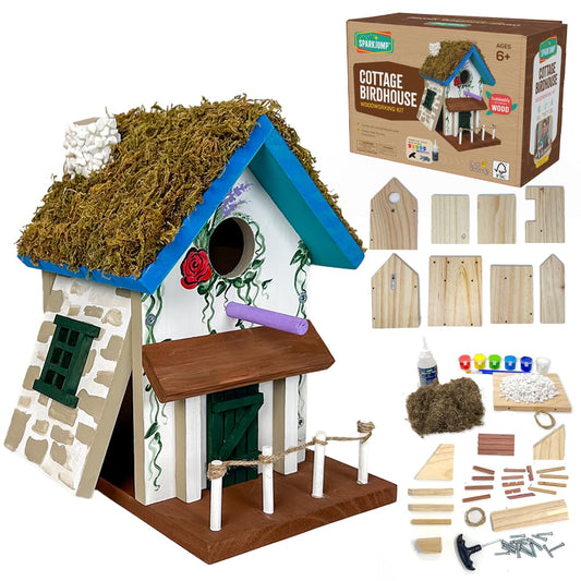 SparkJump Cottage Birdhouse Kit - Easy DIY Wooden Bird House for Outdoors, FSC Certified Wood, Cedar Roof, Natural Stones, Front Porch, Moss Accents, Fun Craft Project for Families and Nature Lovers