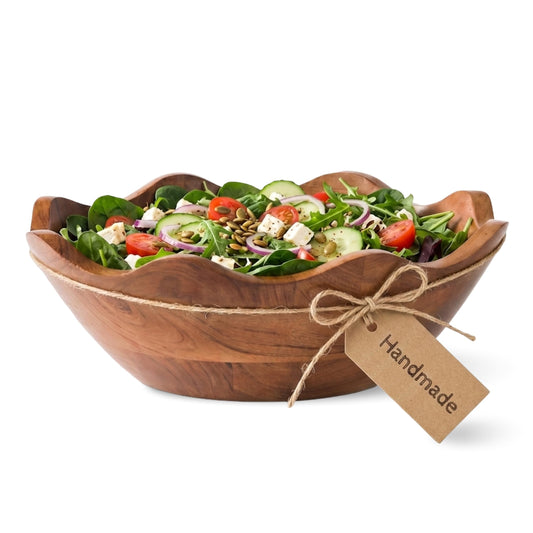 Mela Artisans 12 in Wide x 4 in Tall Scalloped Acacia Wood Salad Bowl – Decorative Serving and Fruit Bowl with Natural Finish for Kitchen Counter, Pasta, Bread & Home Decor