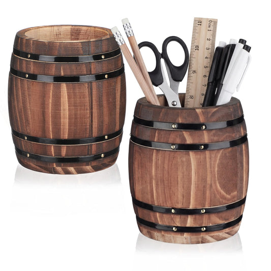 ForraFun Wine Barrel Pen & Pencil Holders Accessories Wooden Desktop Pencil Holder Containers Farmhouse Stationery Organizer Stand for Office Table Desk Accessory (2 Pcs)