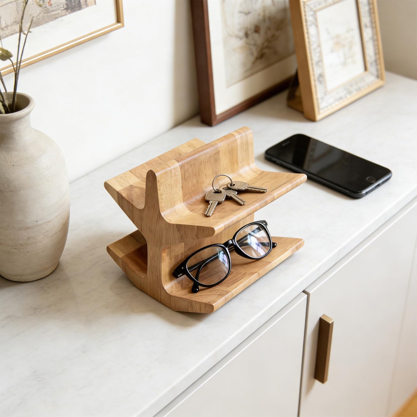 Remote Control Holder with 2-Tiers, Wooden Organizer Stand for TV/Streaming Remotes, Game Controllers, Glasses, Keys | Storage Caddy for Coffee Table, Living Room, Nightstand & Entertainment Center