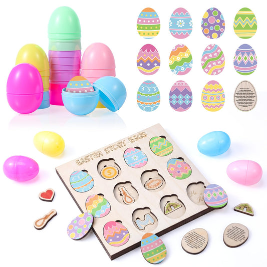 Ceenna Resurrection Easter Story Game with Wooden Board, 12 Egg Cards, 11 Symbolic Puzzle, 12 Plastic Eggs, Interactive Resurrection Learning Activity for Kids Multi-layer Faith Based Easter Gift Set