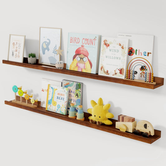 Acovy Solid Ash Wood Floating Shelves, Wood Picture Ledge Shelf Set of 2, 48 Inch Long Large Photo Ledge Shelves, Nursery Book Shelves Wall Mounted for Living Room Kids' Bedroom Decor, Color Walnut