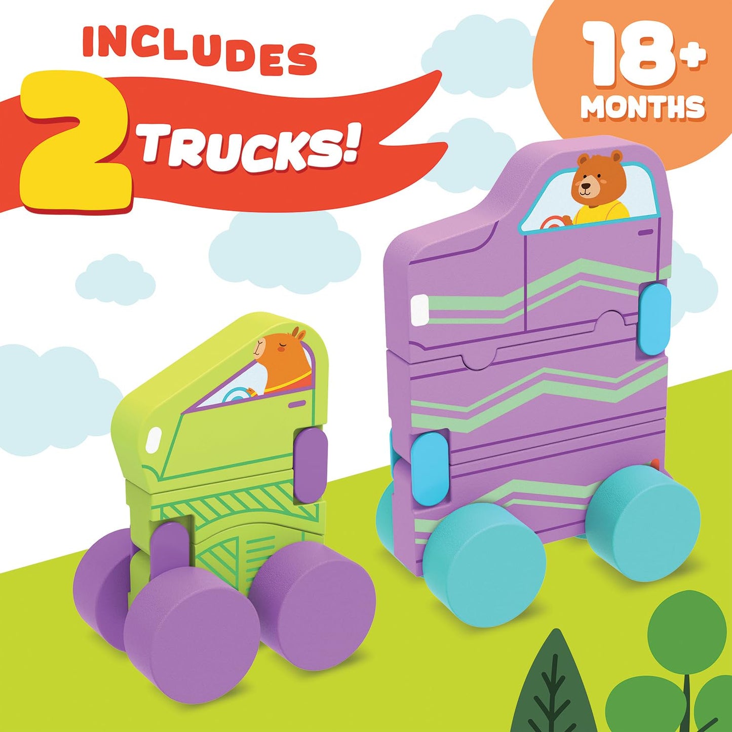MindWare Konvertibles Transforming Wooden Trucks – 2‑Piece Flip‑&‑Change Vehicle Set with Carry‑Along Box that Becomes 3‑D Road Scene, Toddler Toy for Ages 18 Months +