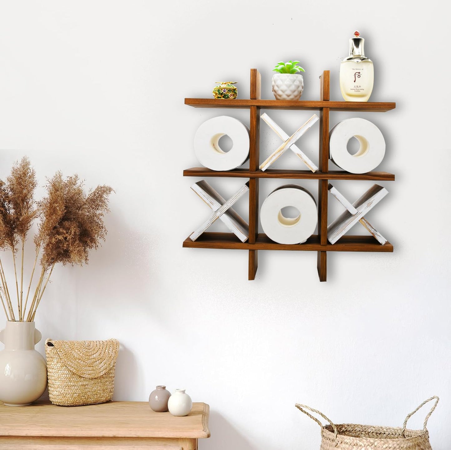 Owlgift Tic Tac Toe Toilet Paper Holder Rack Rustic Burnt Wooden Toilet Paper Storage Bathroom Hanging Storage Wall Mounted Shelves Décor for Toilet Tissue Farmhouse
