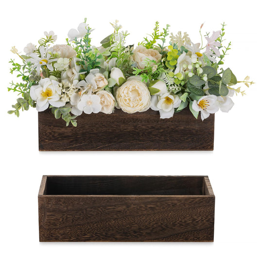NUPTIO Wooden Box Centerpiece for Table: 2 Pcs 11.8" Long Wood Rectangle Planters - Farmhouse Flower Vase for Fall Wedding Dining Living Room Window Mantel Table Decor
