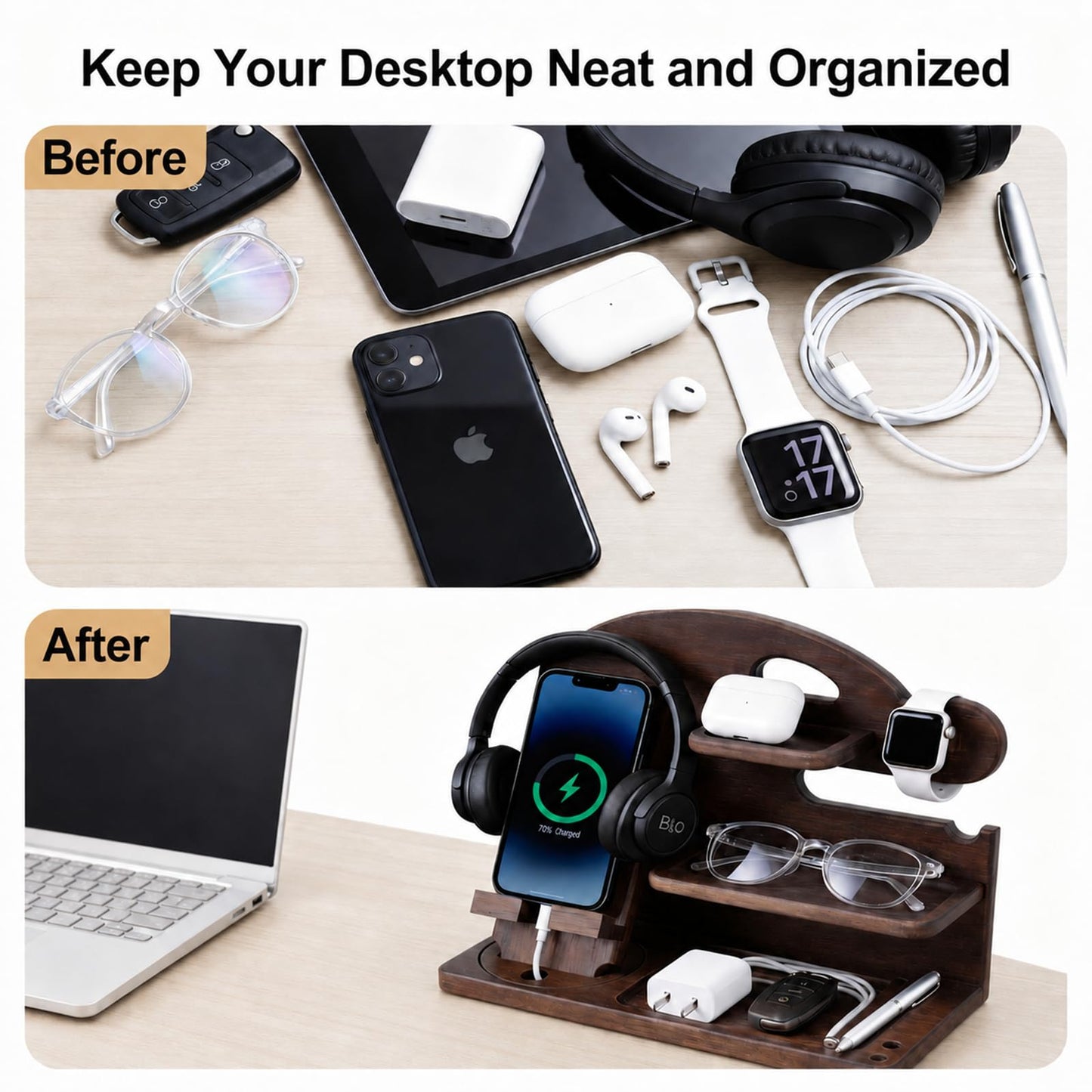 Wood Phone Docking Station with Detachable Stand, Solid Wood Multi Device Nightstand Charging Station, All-in-One Desktop Organizer, Mens Gift for Father’s Day, Birthday & Anniversary