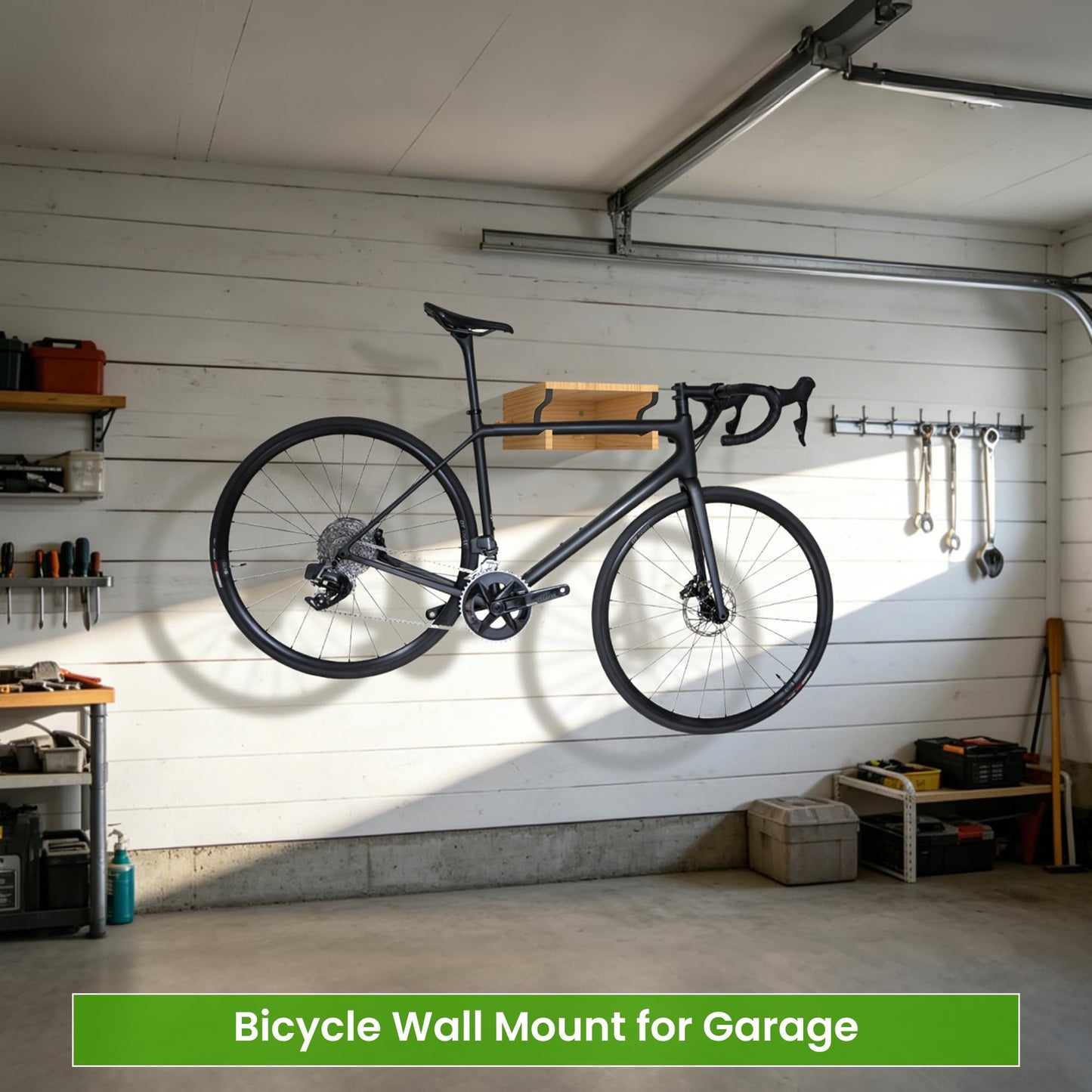 MTGSTOCL Wooden Bike Wall Mount with Shelf & 4 Hooks, Horizontal Bicycle Rack for Garage & Home, Scratch-Free Storage Holder for Road/Mountain Bikes, Space Saving & Easy Install