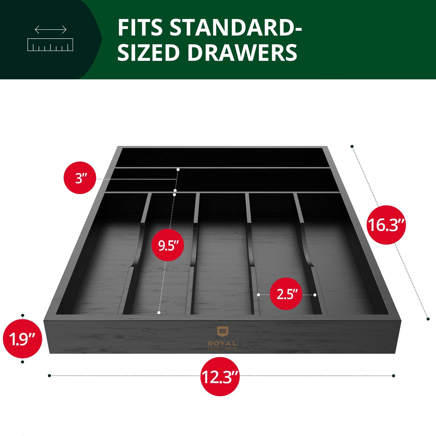 Luxury Bamboo Kitchen Drawer Organizer - Silverware Organizer - Utensil Holder and Cutlery Tray with Grooved Drawer Dividers for Flatware and Kitchen Utensils (7 Slot, Black)