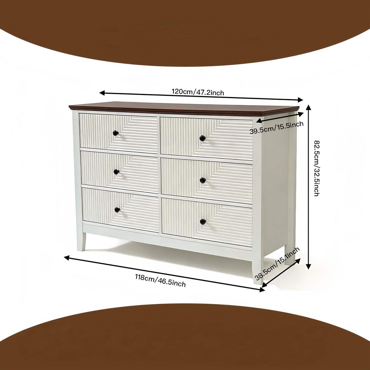 ZOOIQ White 6 Drawer Dresser for Bedroom, 47 Inch Wide Diagonal Grain Grooved Wooden, Brown Panel, Modern TV Stand Storage Cabinet, Suitable for Foyer and Aisle