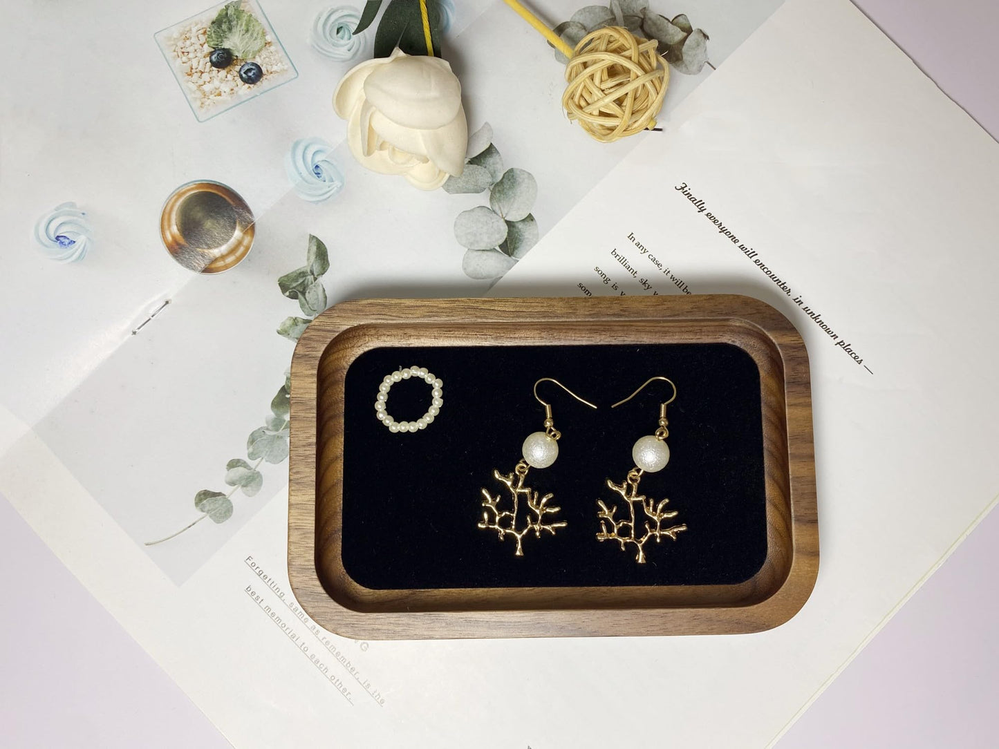 RANNYOZIO Wooden Jewelry Tray Small Trinket Dish with Velvet Surface Rings Earrings Dish Necklaces Bracelet Organizer Display Tray for Dresser Drawer Tabletop Birthday Gift(Rectangle)