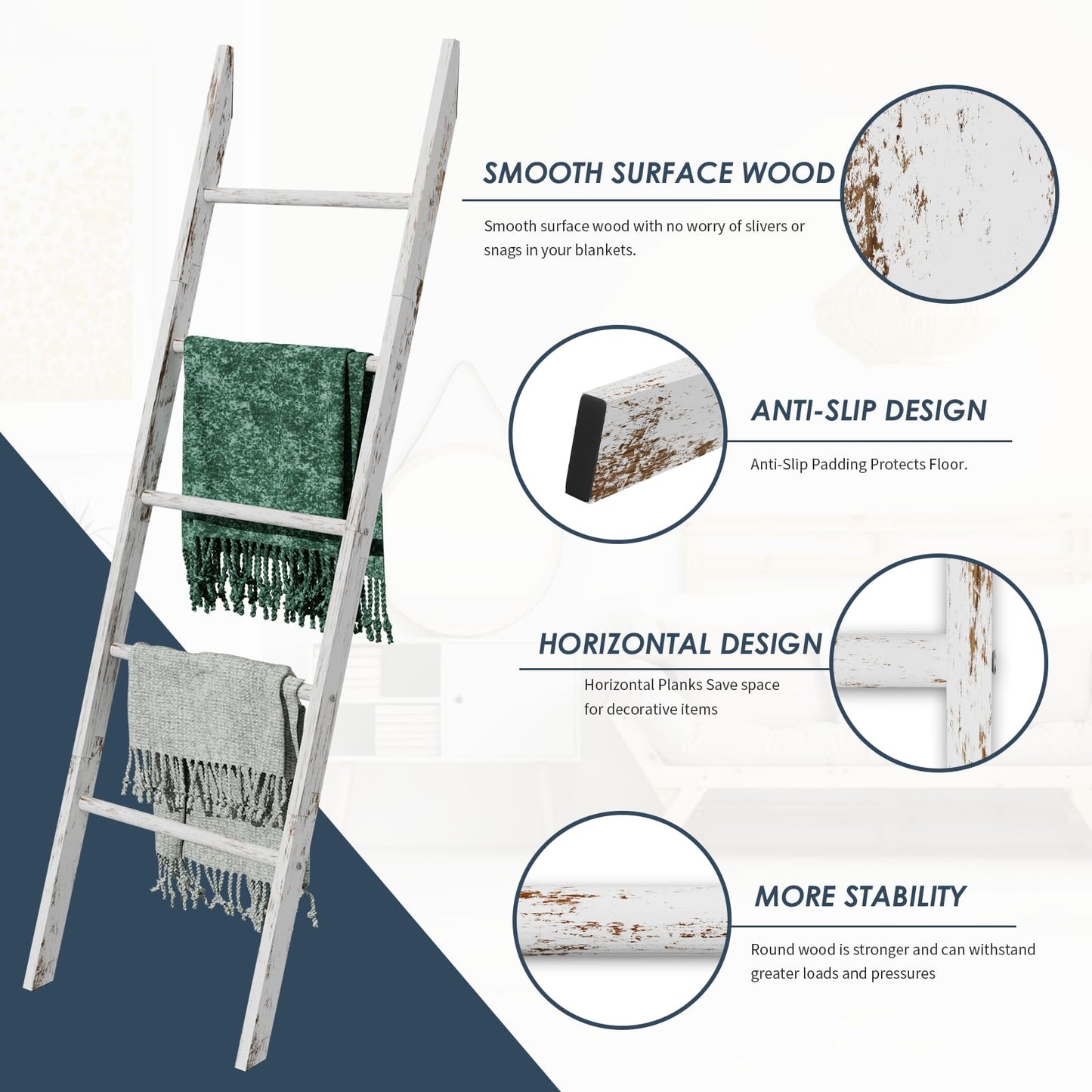 5-Tier Blanket Ladder Wooden, 5.3FT(63'') Blanket Quilt Holder Rack Decorative Ladders, Easy Assembly, Rustic Farmhouse Ladder Shelf for The Living Room Bedroom Bathroom Home Decor, White Wash