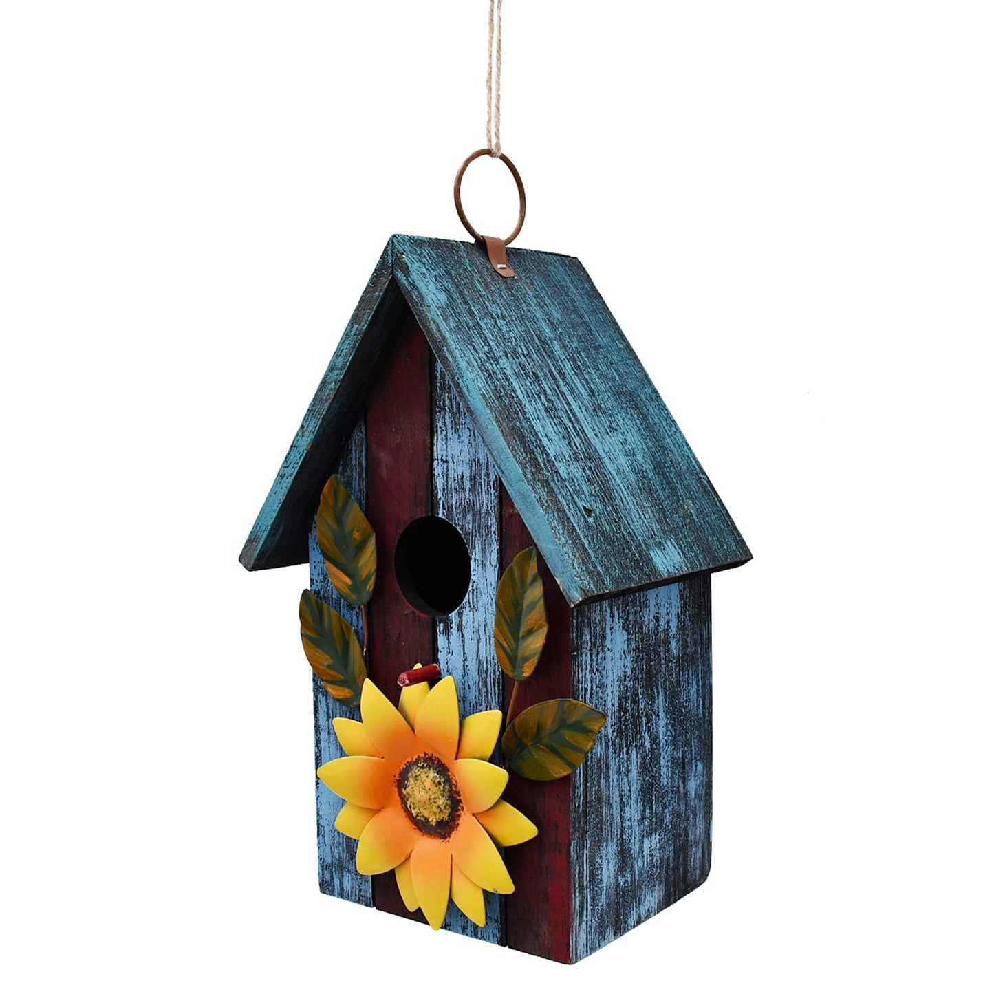 Wood Decorative Bird House for Outside Hanging Hummingbird House, Wooden Hand Painted Small Bird House Outdoors Garden Décor, Hanging Bird House for Finch Bluebird Wren Chickadee (Blue)