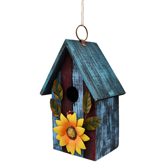 Wood Decorative Bird House for Outside Hanging Hummingbird House, Wooden Hand Painted Small Bird House Outdoors Garden Décor, Hanging Bird House for Finch Bluebird Wren Chickadee (Blue)
