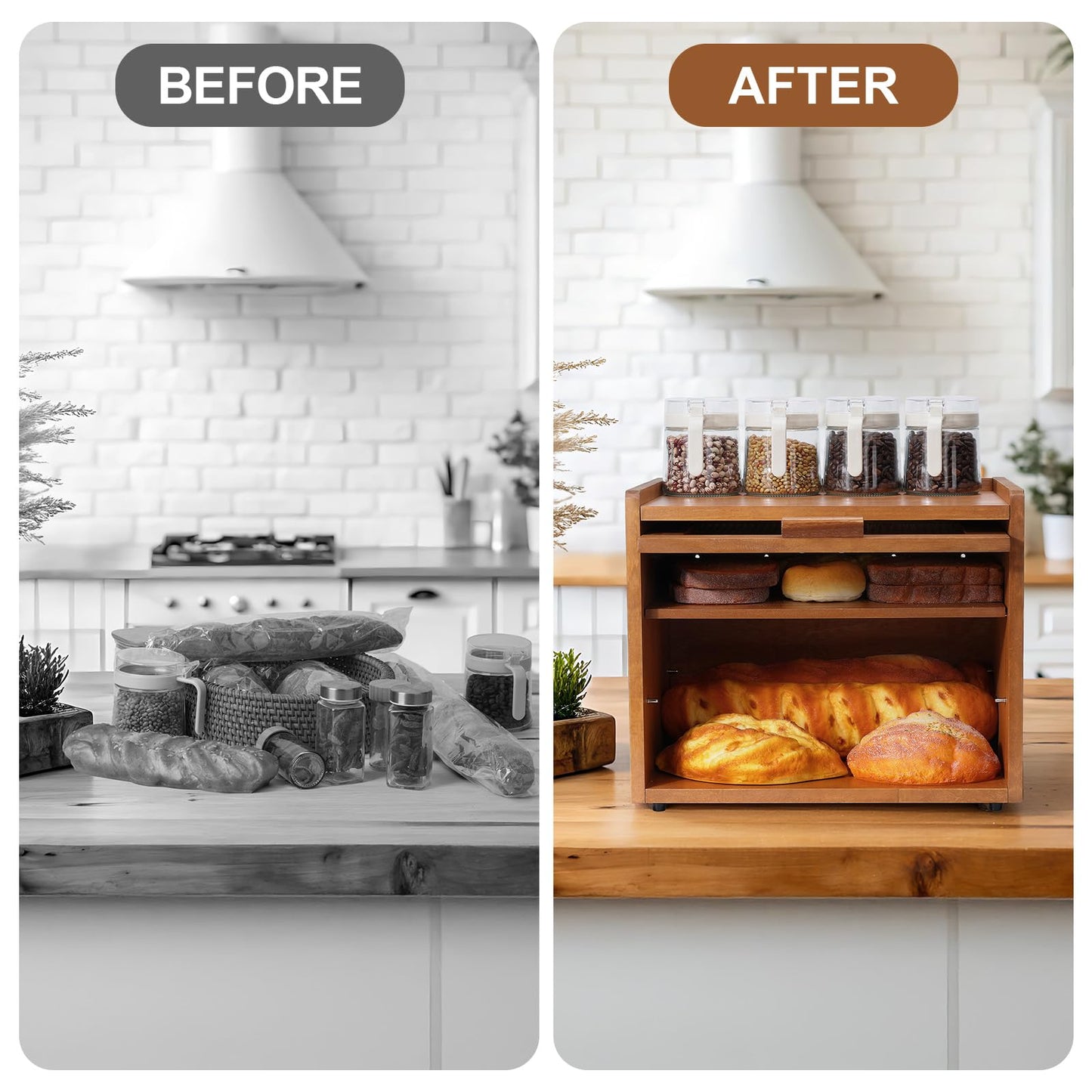 OCSERMIR Wooden Bread Box for Kitchen Countertop, 2 Tier Bread Storage Container with Acrylic Door, Adjustable Shelf, Ventilation Holes, Brown