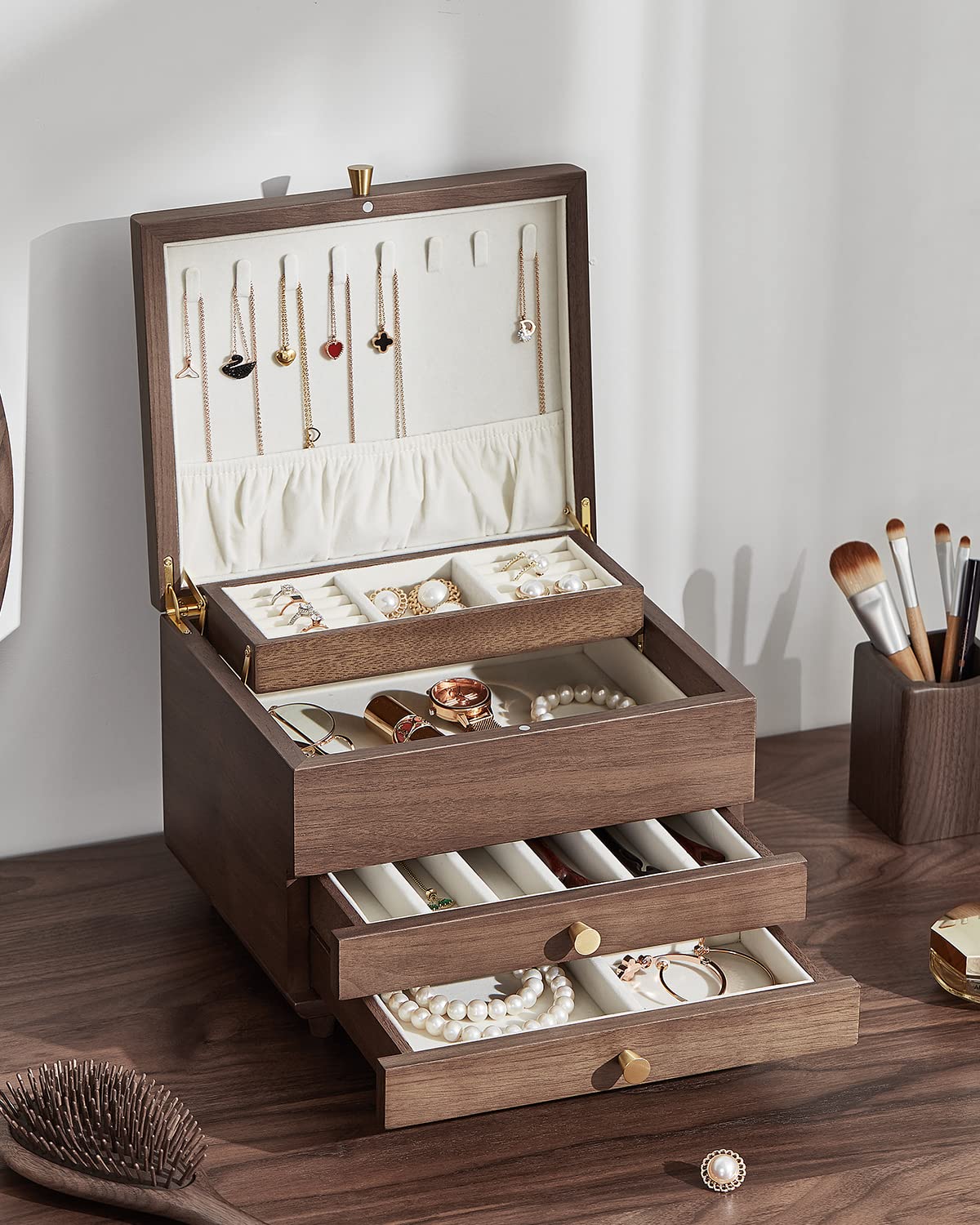 CHOSIN Wooden Jewelry Box, 3 Layer Large Jewelry Organizer for Women, Black Walnut Wood, Jewelry Storage for Necklaces Rings Earring Watches Bracelets, Fathers Day Gift (No Mirror)