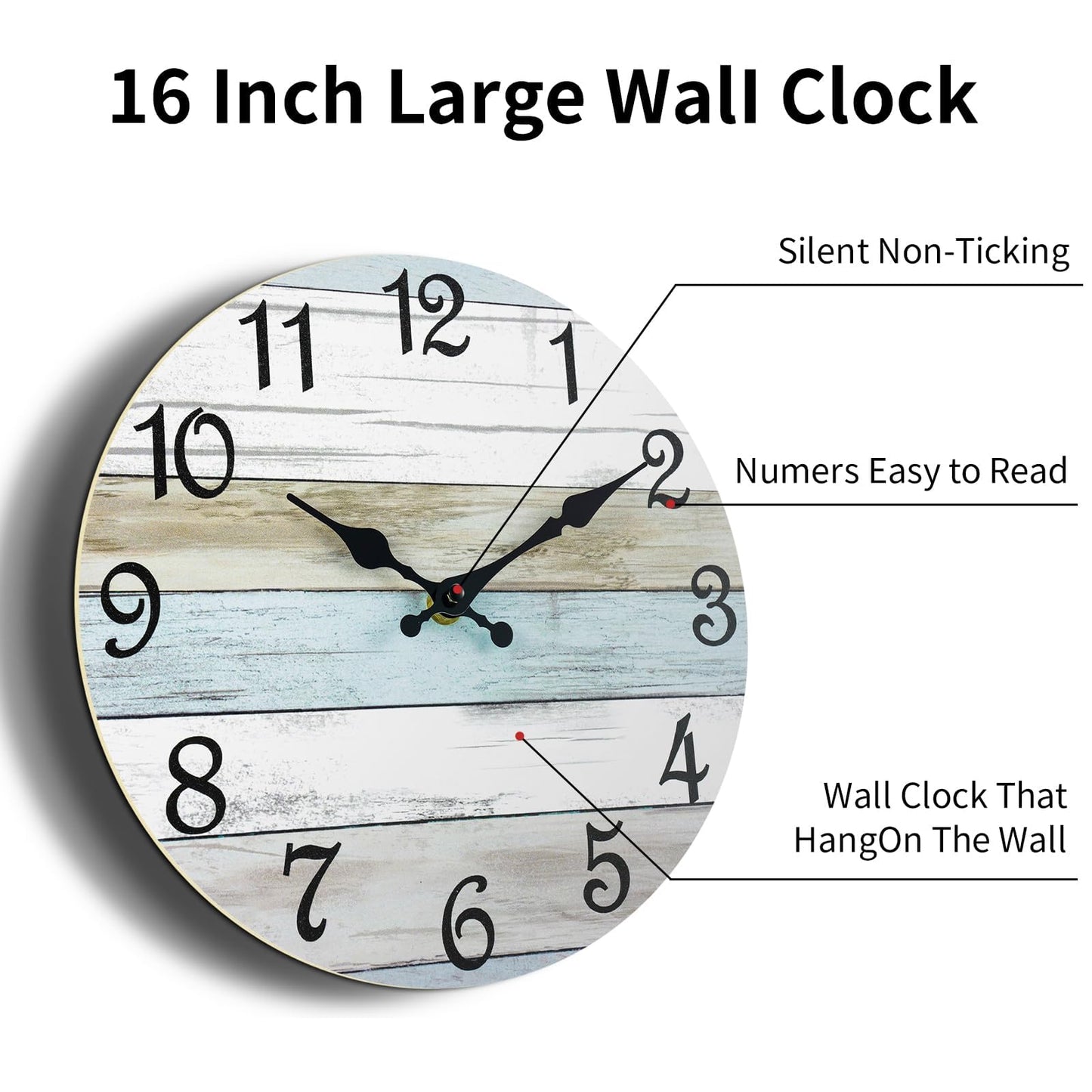 CHYLIN Wall Clock - 16 Inch Silent Non Ticking Coastal Wall Clocks Battery Operated, Wooden Rustic Farmhouse Clock Decorative for Living Room, Kitchen, Bathroom, Office (Blue)