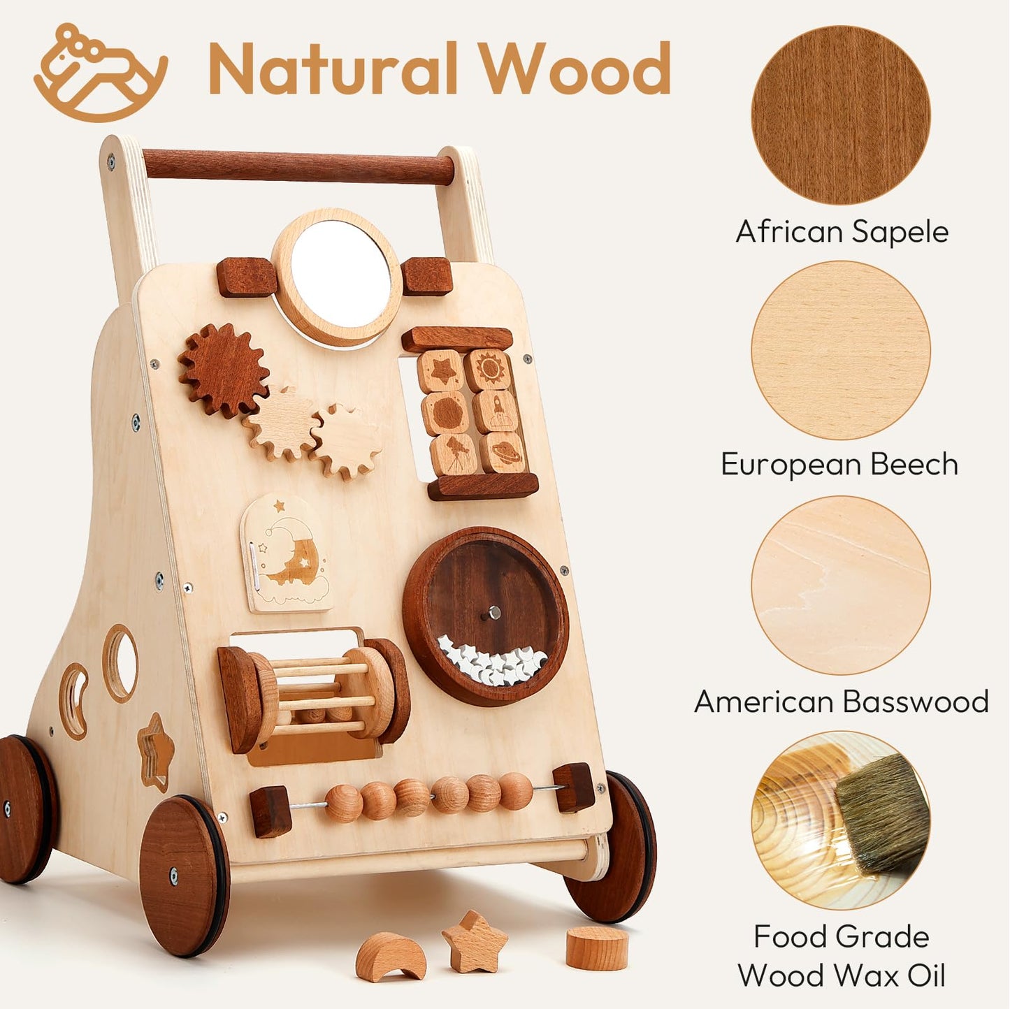 Woodtoe Wooden Baby Walker, Adjustable Speed Push Walker, Montessori Toys for 1 Year Old, Wood Walker for Boys and Girls, Baby Activity Center, Toddler Push Toys, Baby Shower Birthday Toy Gift for 1+