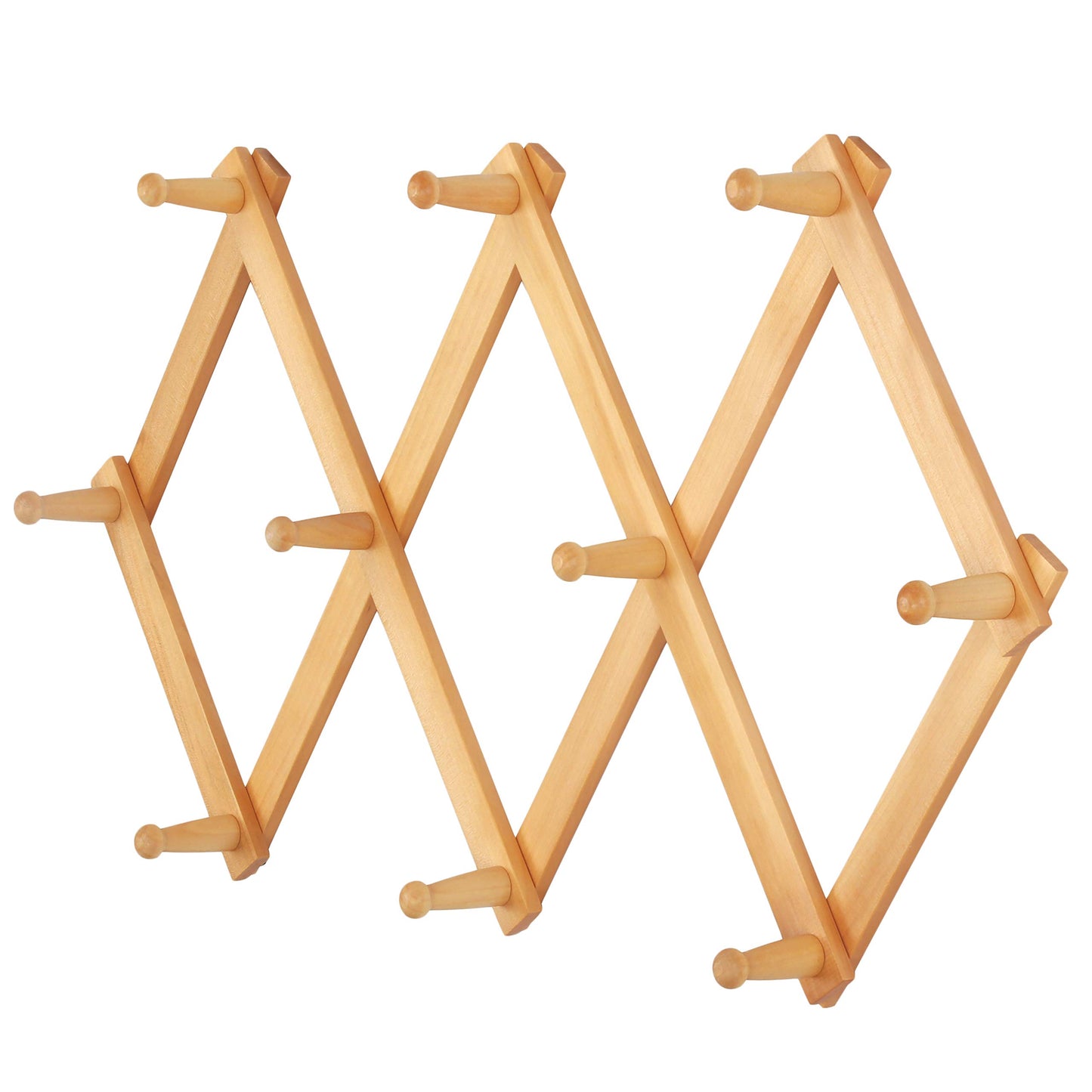 Dseap Accordian Wall Hanger: 16” High Wooden Wall Expandable Coat Rack, Hat Rack Holder, Accordion Hook for Baseball Caps, Coats, Mugs, 10 Peg Hooks, Natural