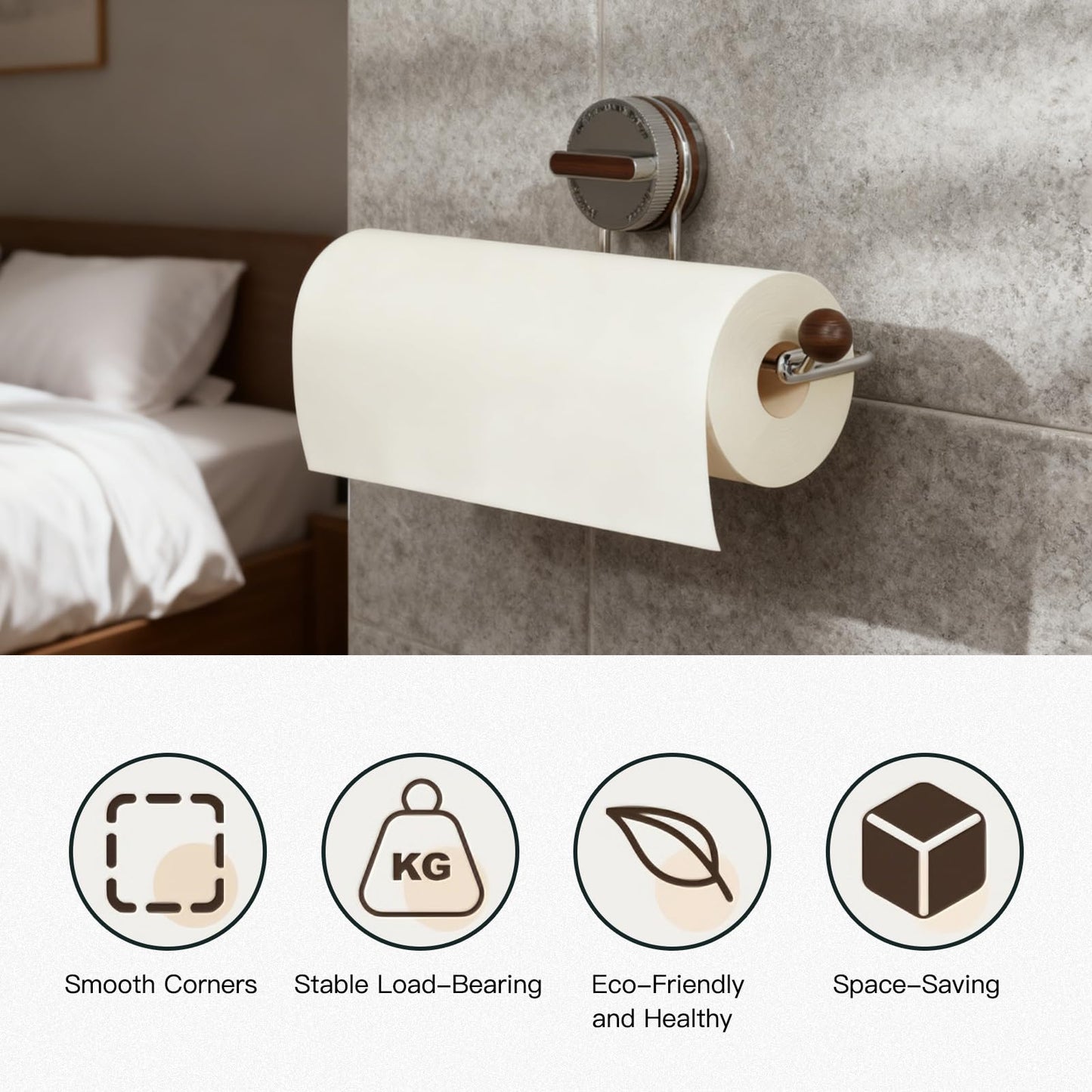 Removable Suction Cup Paper Towel Holder, Suction Towel Holder, Wooden Paper and Stainless Steel Paper Towel Holder for Under Cabinet, Bathroom (2-Pack: 1 Natural Wood Color, 1 Walnut Color)