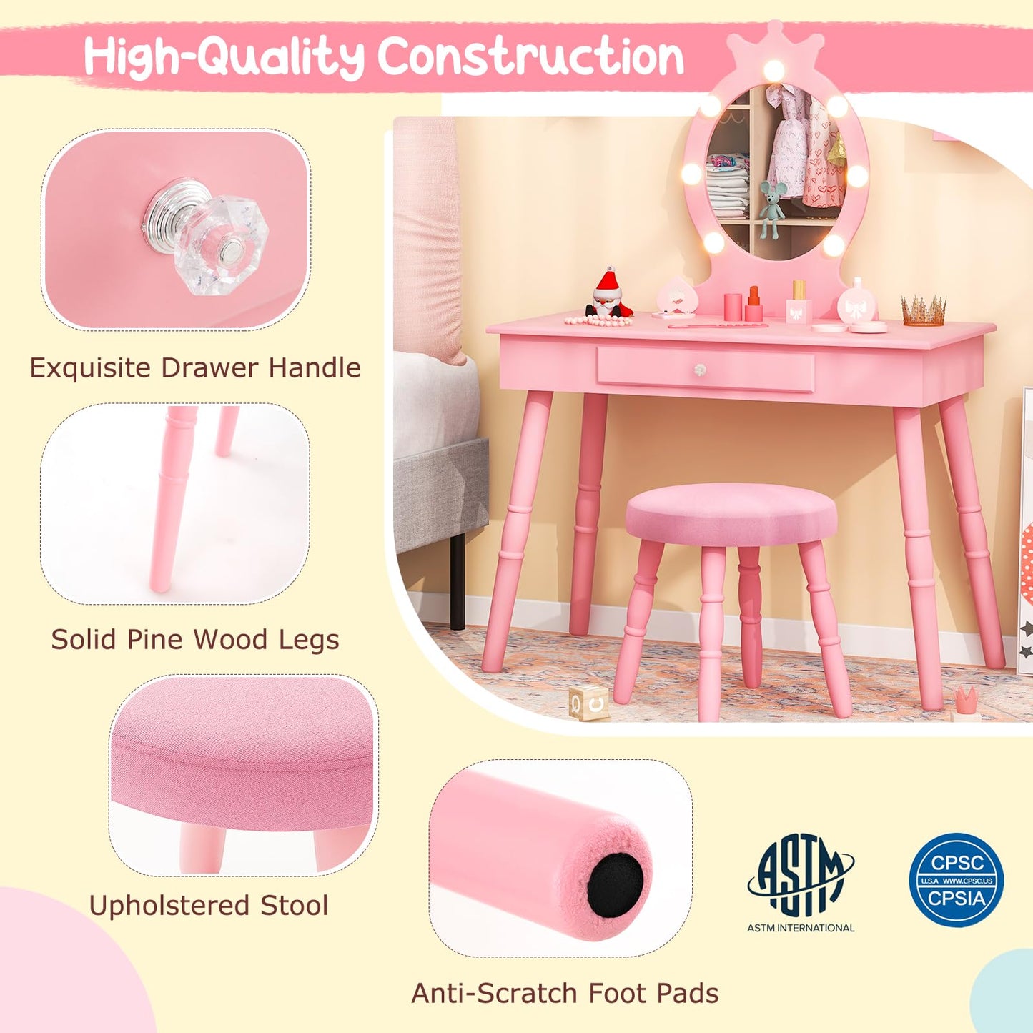 Costzon Kids Vanity, Girls Vanity Set with Mirror and Stool and Lights, Drawer, 2 in 1 Wooden Makeup Vanity Desk Dressing Table, Kids Vanity Table and Chair Set (Pink)