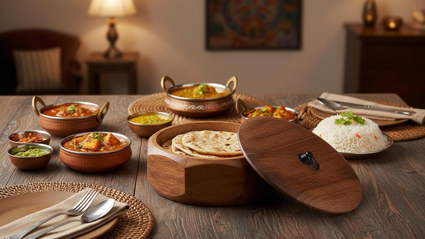 Handcrafted Wooden Mexican Tortilla Warmer Basket Indian Chapati Roti Bread Holder Box Pancake Keeper Serveware Hot Pot Casserole Dish With Lid Home Kitchen Dining Decor, Natural Brown, 9 x 3.5 Inches