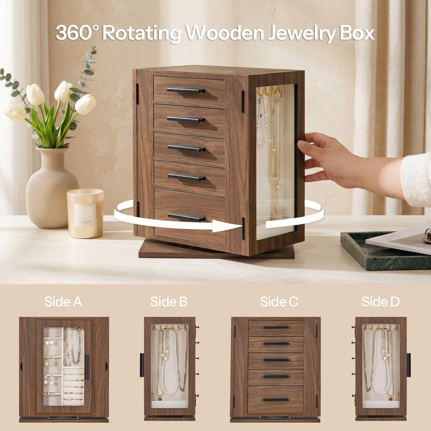 HOOBRO 5-Tier Jewelry Box, Wooden Jewelry Organizer with Transparent Windows and 360° Rotating Jewelry Box, Wooden Jewelry Organizer Bundle, BH19JB04-BH30JB04