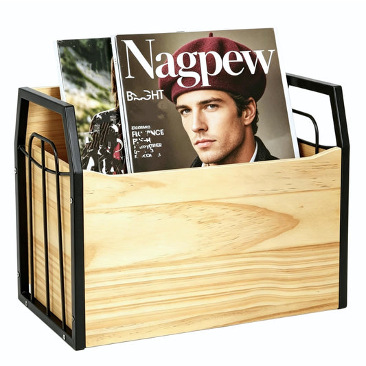 Nagpew Wood Magazine Holder, Rustic Magazine Storage Rack Floor, Decorative File Book Organizer Basket for Desktop, Newspaper, Mails, Files (Recommend Drill Installation)