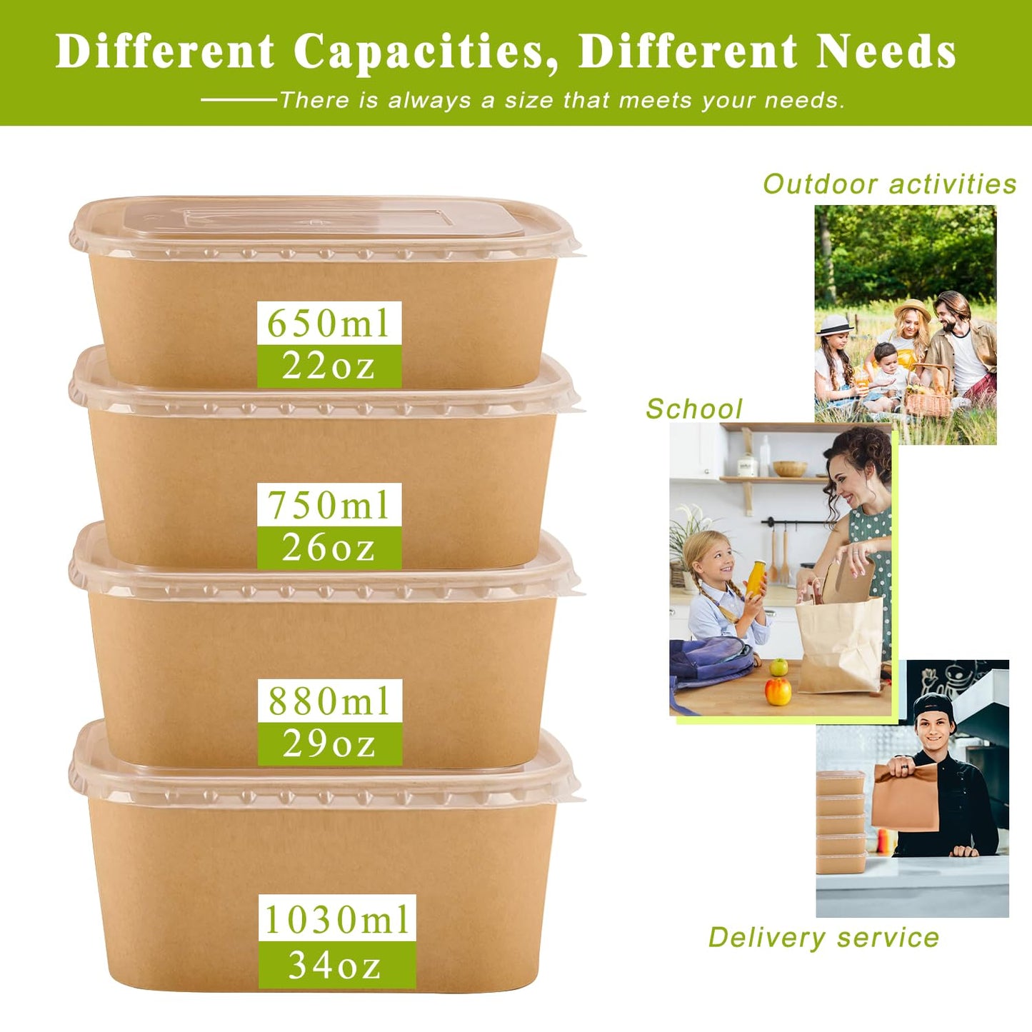 50-Pack 22oz Kraft Paper Bowls Disposable with Lids and Wooden Forks, Disposable Meal Prep Containers Paper Food Prep Containers with Lids, To Go Container for Hot Soup/Salad, Freezer & Microwave Safe