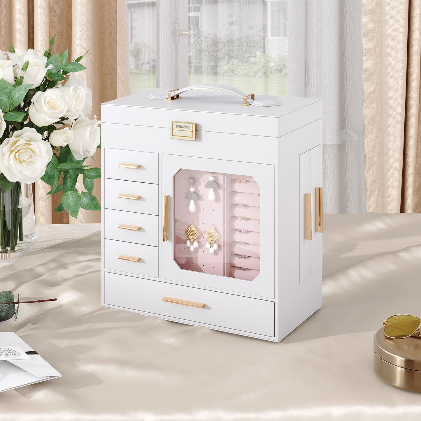 HOOBRO Jewelry Box with Mirror, Jewelry Organizer Box with Capacious Storage Space and 360° Rotating Jewelry Box, Wooden Jewelry Organizer Bundle, WT06JB04G1-BH30JB04