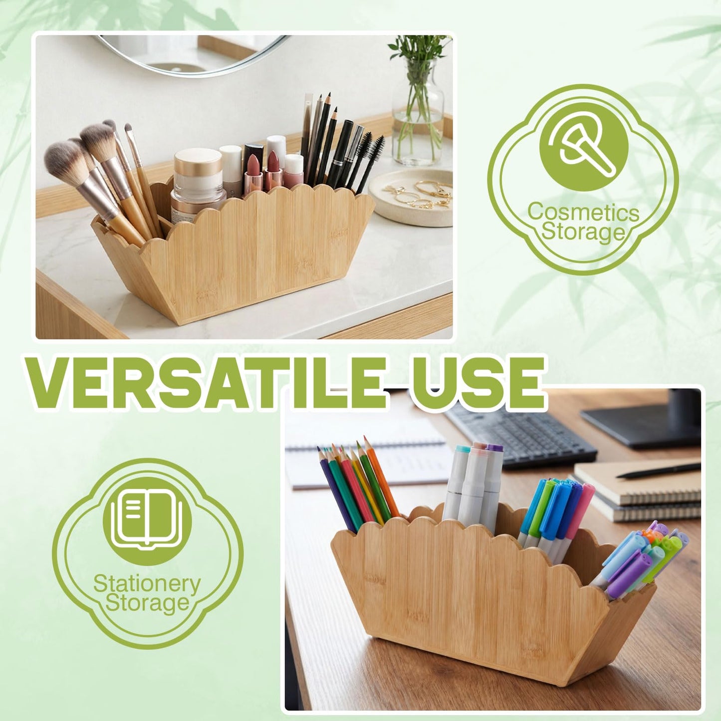 Jetec Scalloped Bamboo Wooden Pencil Holder, Desk Holder with 4 Slots for Desk Organizer Makeup Brushes Pens and Remote Storage Organizer for Office Bathroom