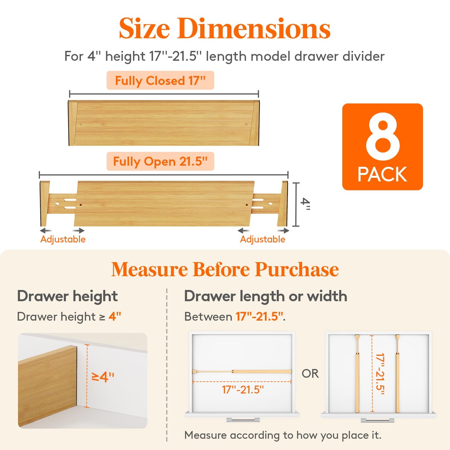 Lifewit 4" High 8 Pack Bamboo Drawer Dividers 43-54cm/17-21.5" Adjustable Wooden Drawer Organizer for Clothes/Utensils, Expandable Drawer Separator for Dresser/Kitchen/Bedroom/Office Organization
