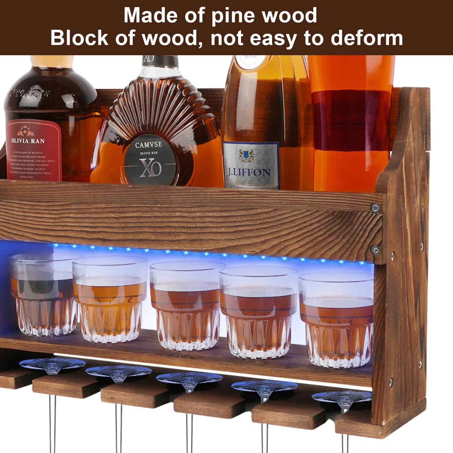 TIRYIUOU 2 Pack Wooden Wine Rack Wall Mounted with LED Light, Wall Wine Rack, Bar Liquor Shelf, Wine Glass Holder Wall Mounted, Floating Bar Shelves for Kitchen, Dining Room, Home Bar