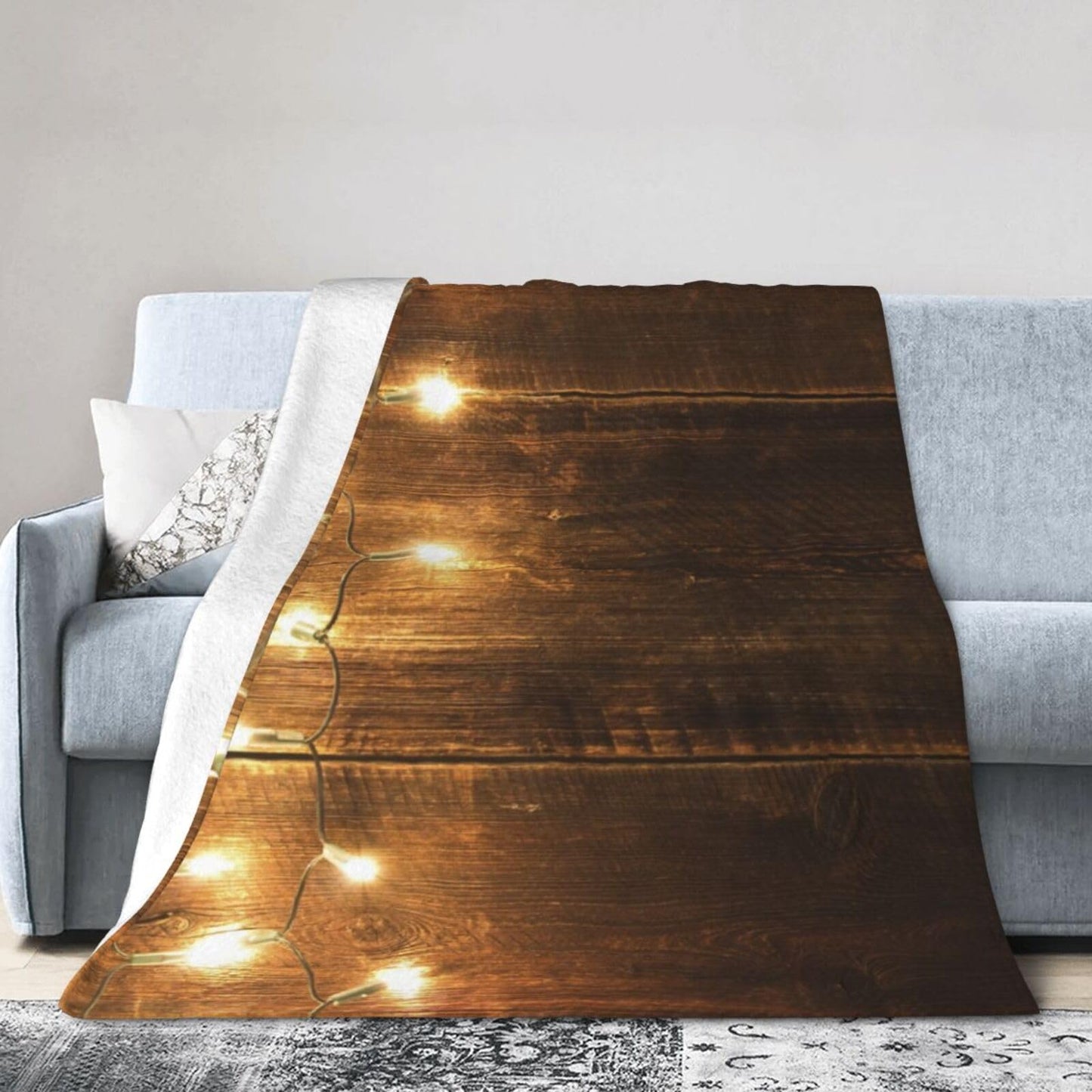 50"X40" String Lights On Wooden Soft Flannel Blanket - Lightweight and Quick Drying, Used for Home, Travel, Camping