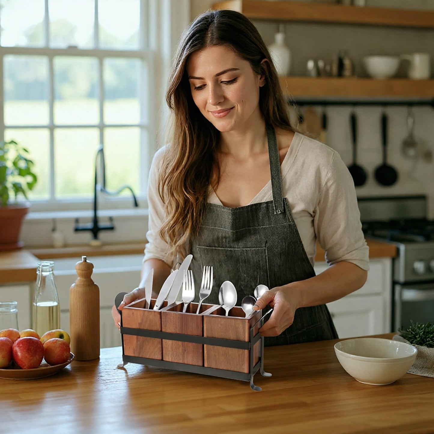 Lemecima Wooden Utensil Holder for Party, Silverware Caddy with 3 Compartments, Detachable & Portable Handle, Stylish Cutlery Holder for Countertop and Outdoor Use