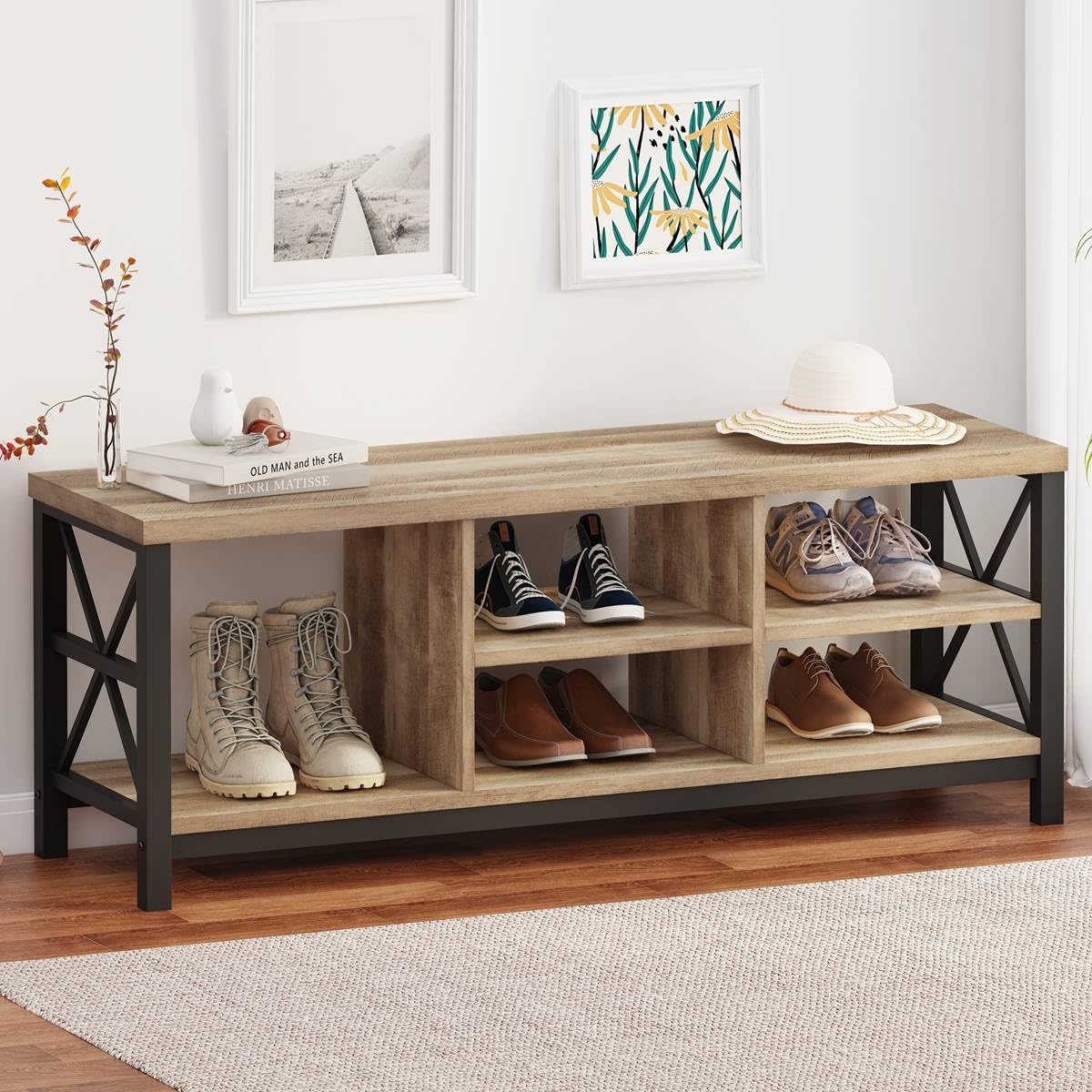 FATORRI Industrial 2 Shelf Bookshelf and Shoe Bench for Entryway (Rustic Oak)