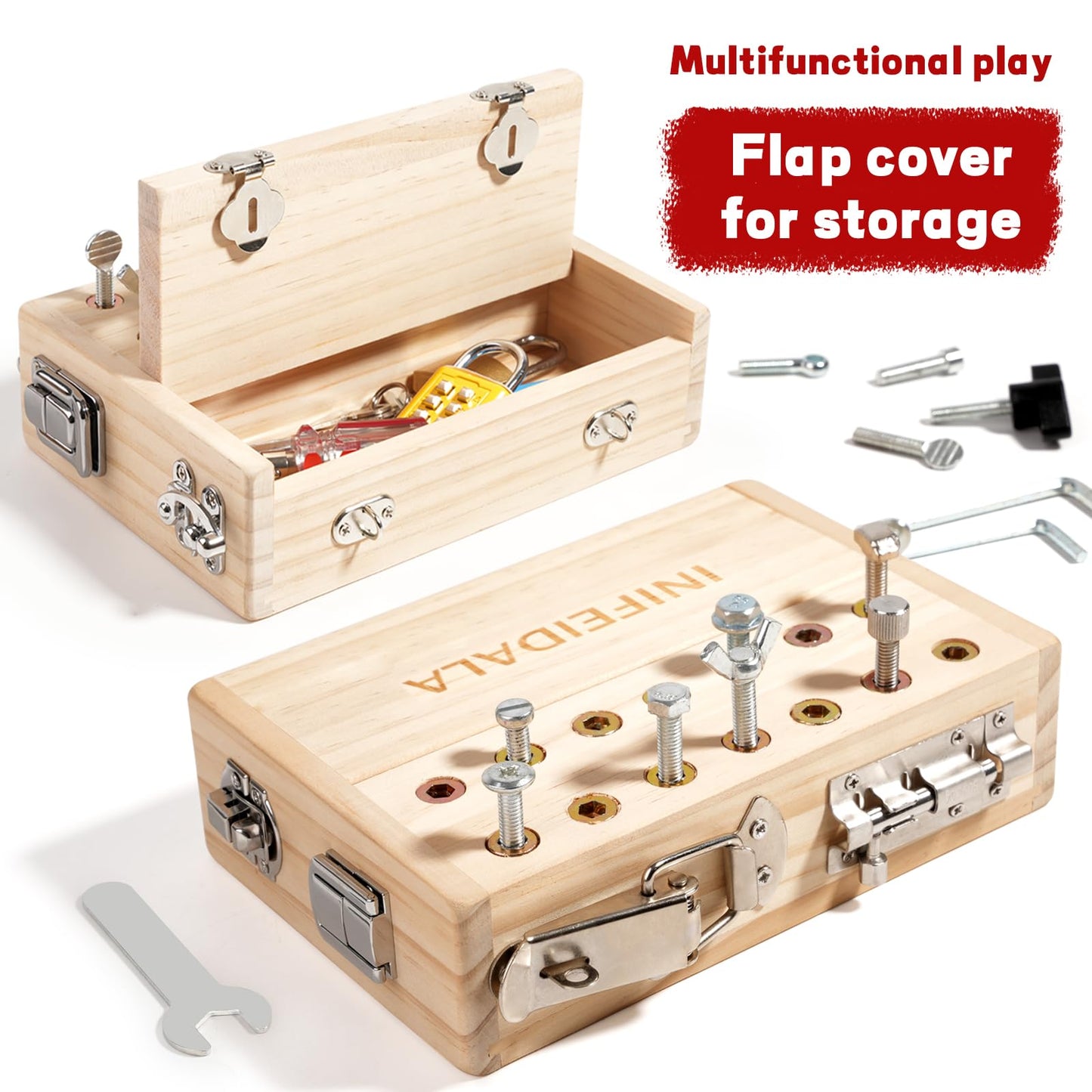INIFEIDALA Montessori Busy Board for Toddlers 3-5,Wooden Sensory Toy with Locks,Latches & Screwdriver Set, Fine Motor Skills Learning Toy for Travel,Quiet Play & Preschool Activities